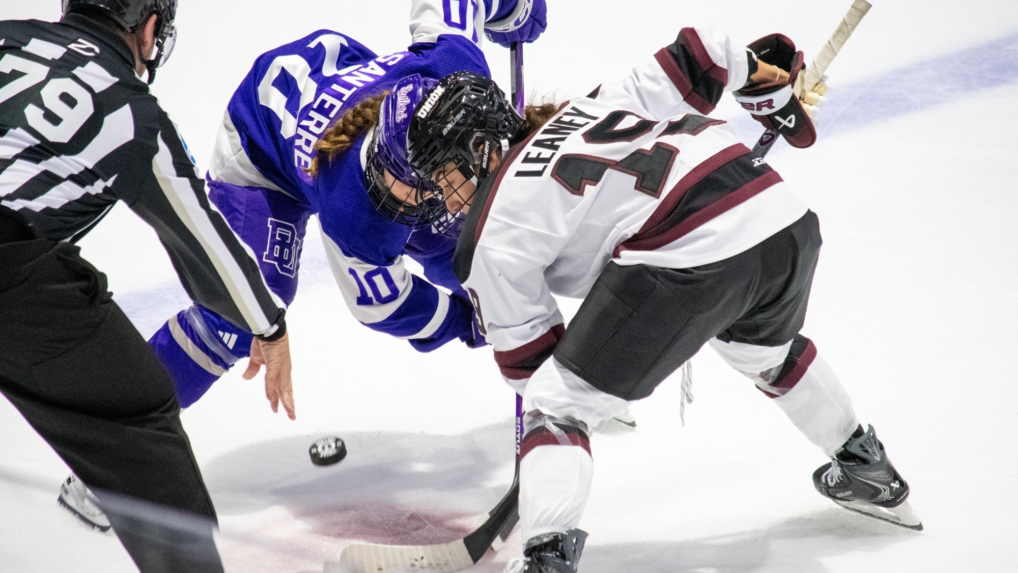 Hockey player's facing off at dot ref dropping puck 