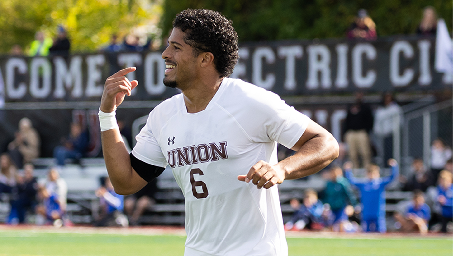 Union Men's Soccer player celebrating goal 
