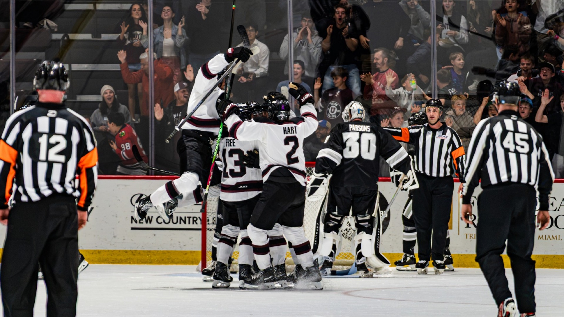 a men's hockey team celebrating after a goal with one teammate jumping up in the air on top of the crowd of teammates