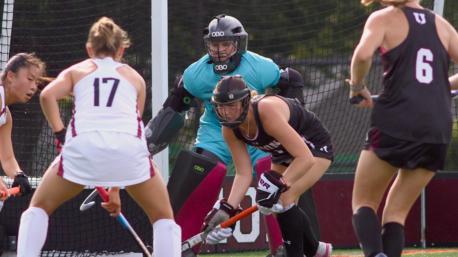 A field hockey goalie and defender stand in front of the net.