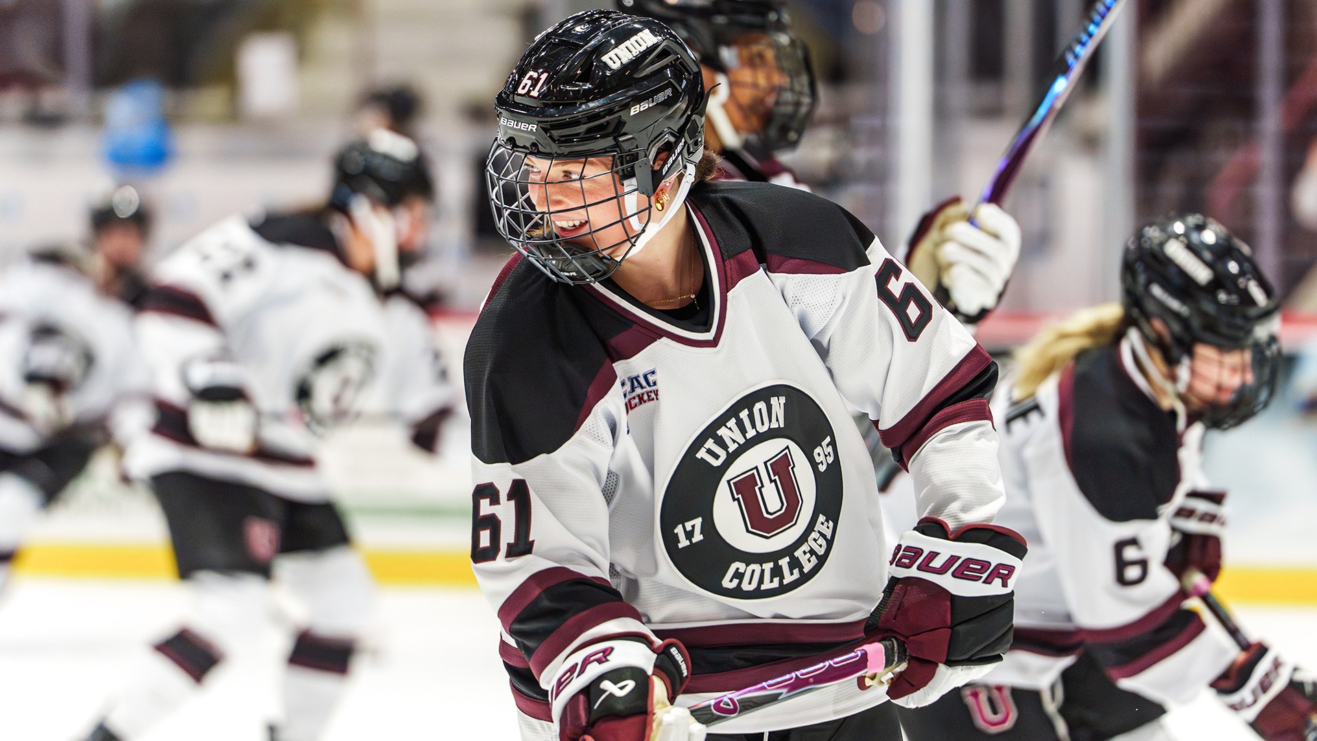 Hockey player smiling during warm ups 