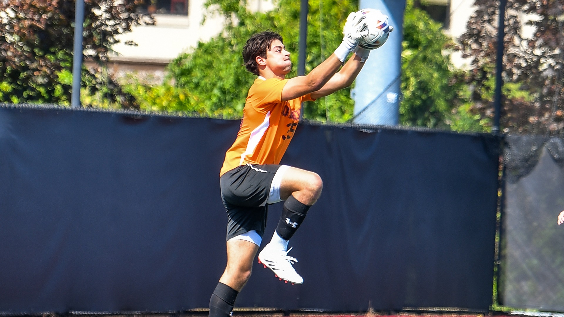 A goalie jumps into the air to grab a ball.