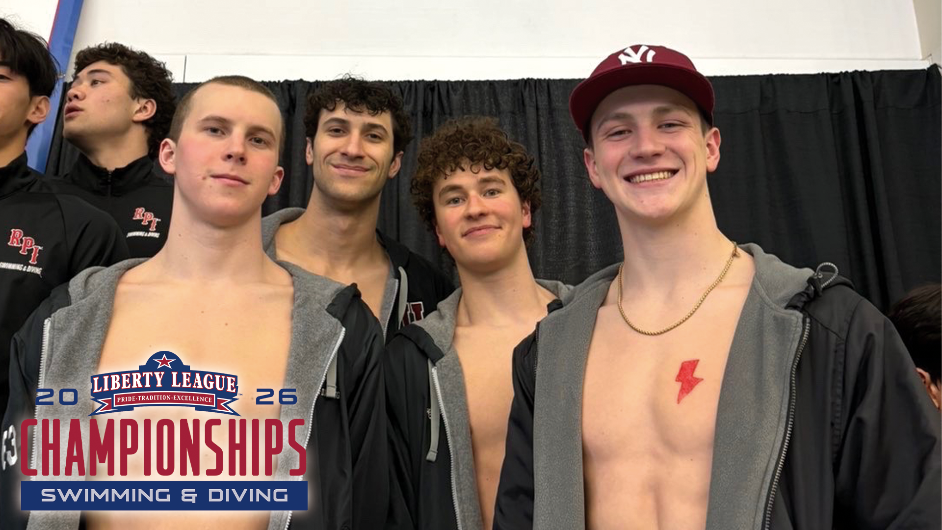four men's swimmer wearing black coats, with two swimmers in the back and two swimmers up front, smiling at the camera, with the 2026 Liberty League Swim Championship logo in the bottom left corner