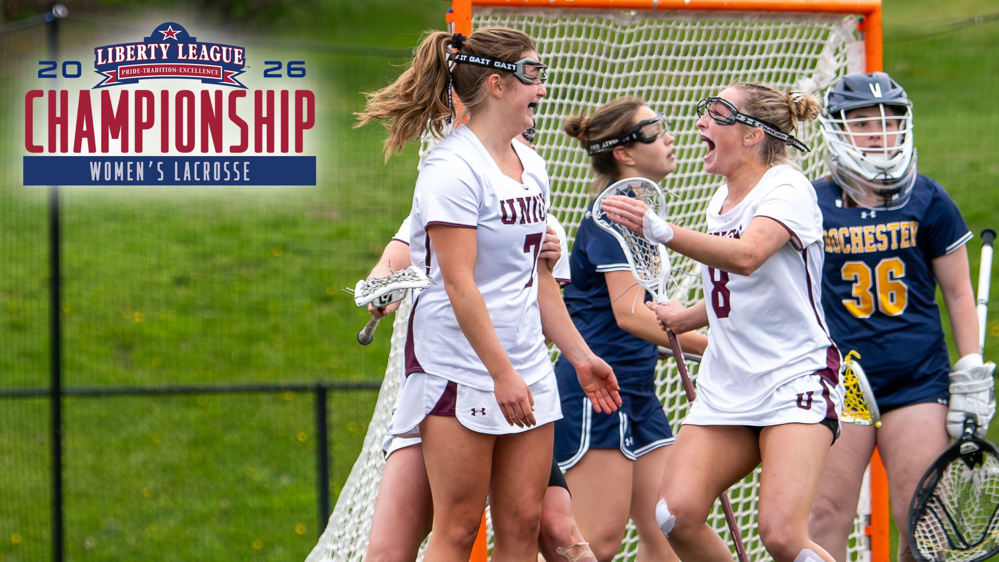 Stella Del Papa and Maddie Doyle celebrate a goal in Union Women's Lacrosse's game against Rochester.
