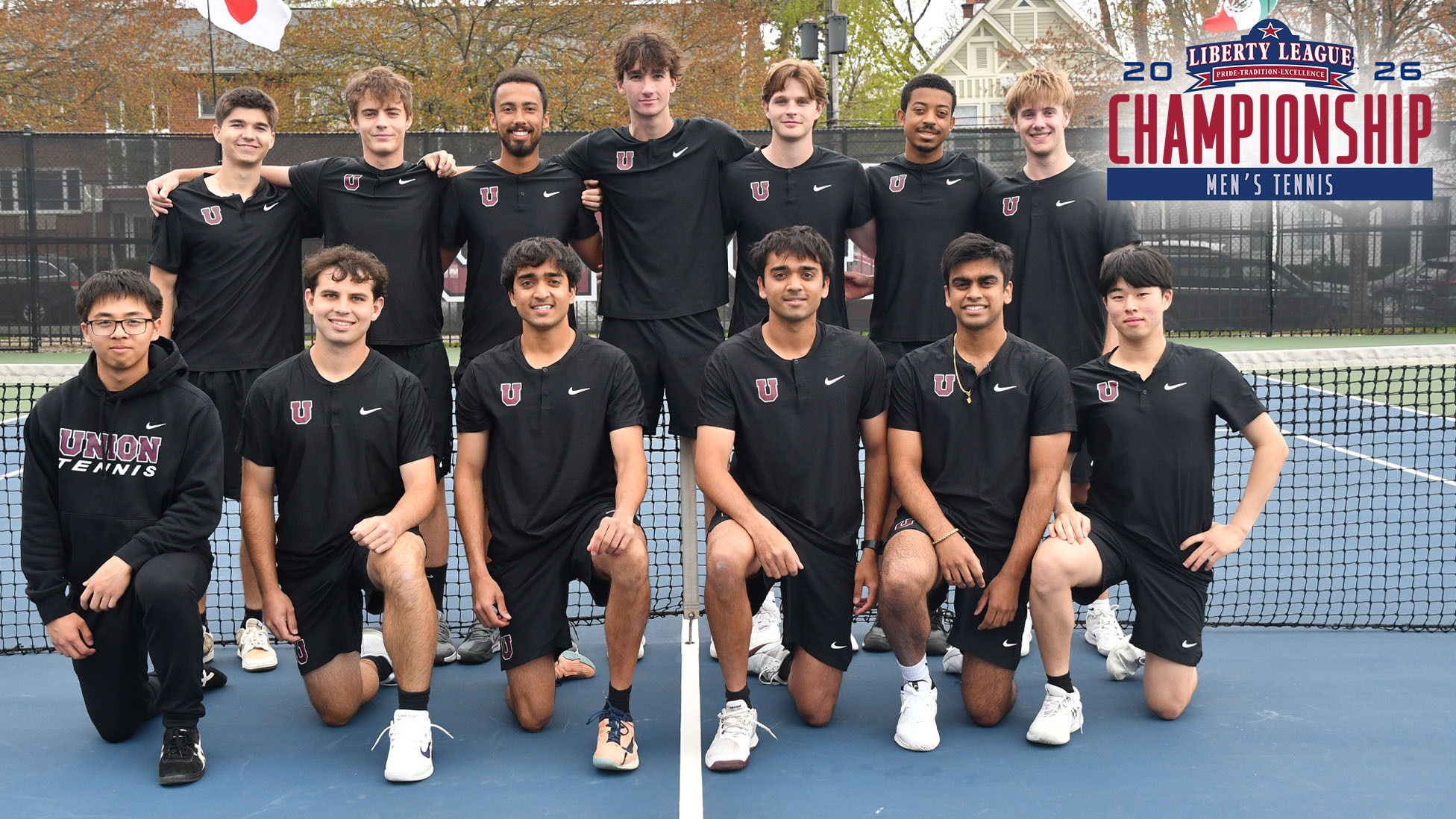 Members of the Union men's tennis team pose for a team photo with a logo that reads 2026 Liberty League Men's Tennis Championship in the corner.