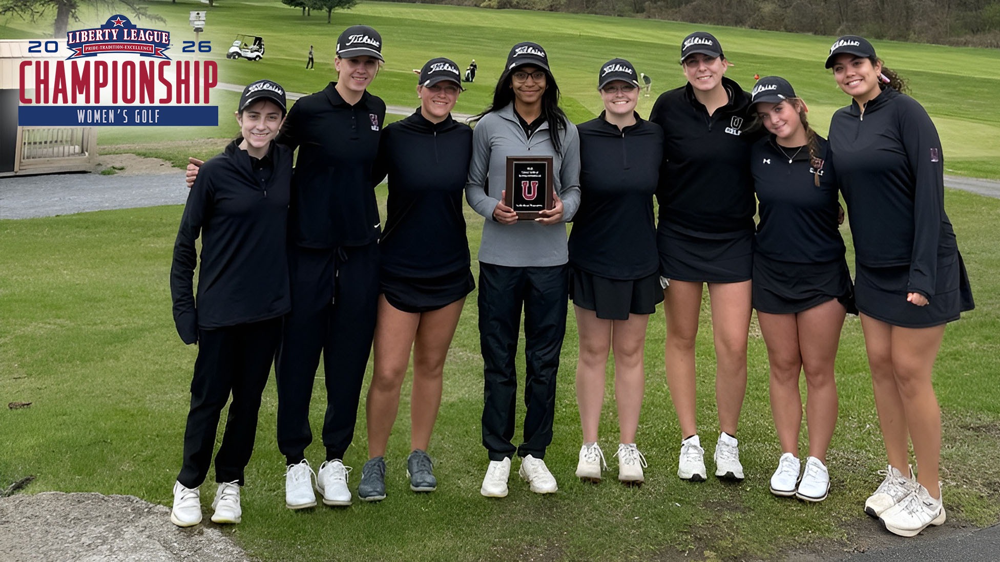 Members of the Union women's golf team arm-in-arm looking at the camera with a Liberty League Women's Golf Championship logo in the corner.