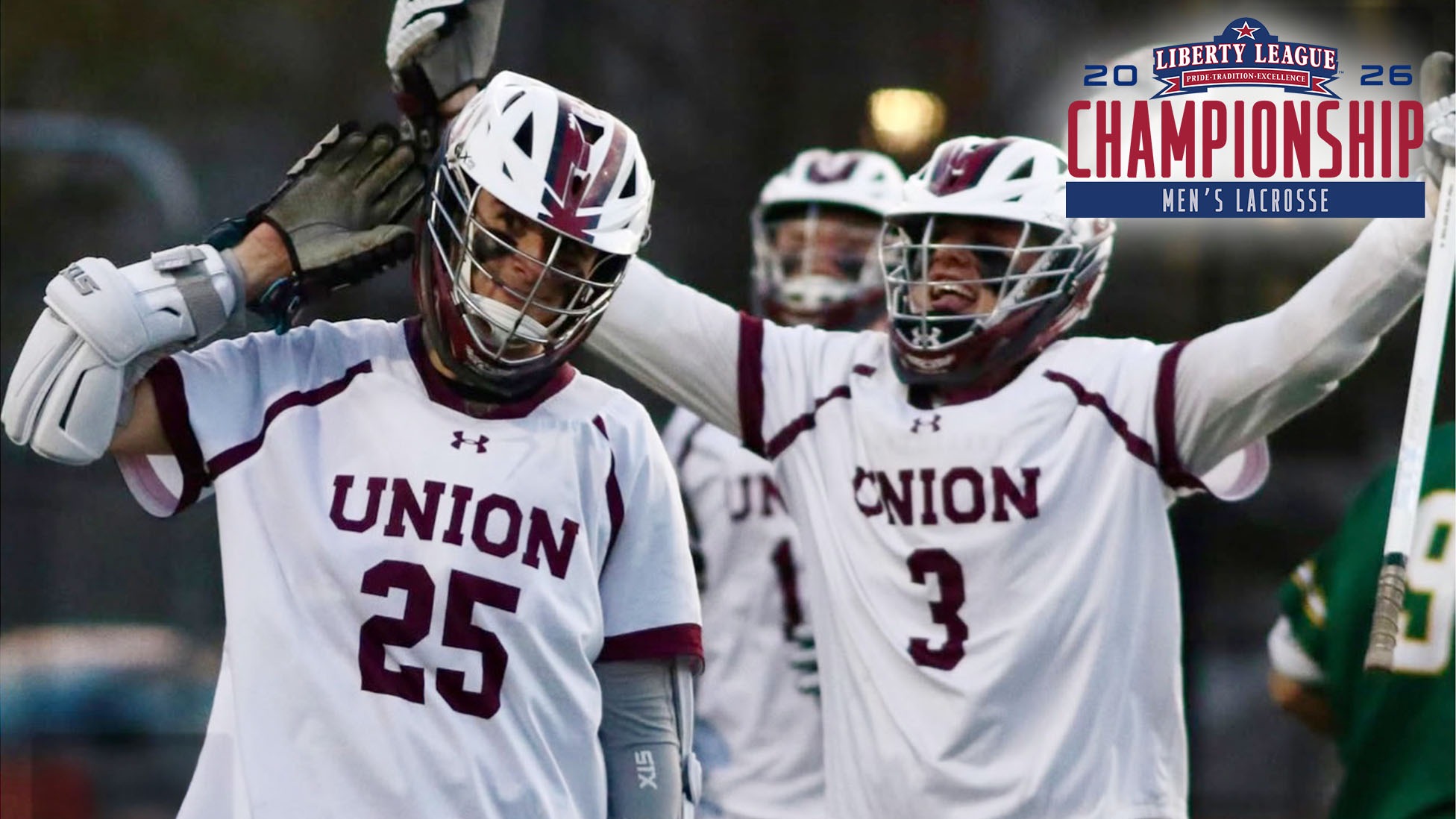 A Union lacrosse player reacts to the crowd and puts his glove to his ear after scoring a goal, with the Liberty League Championship logo in the corner.