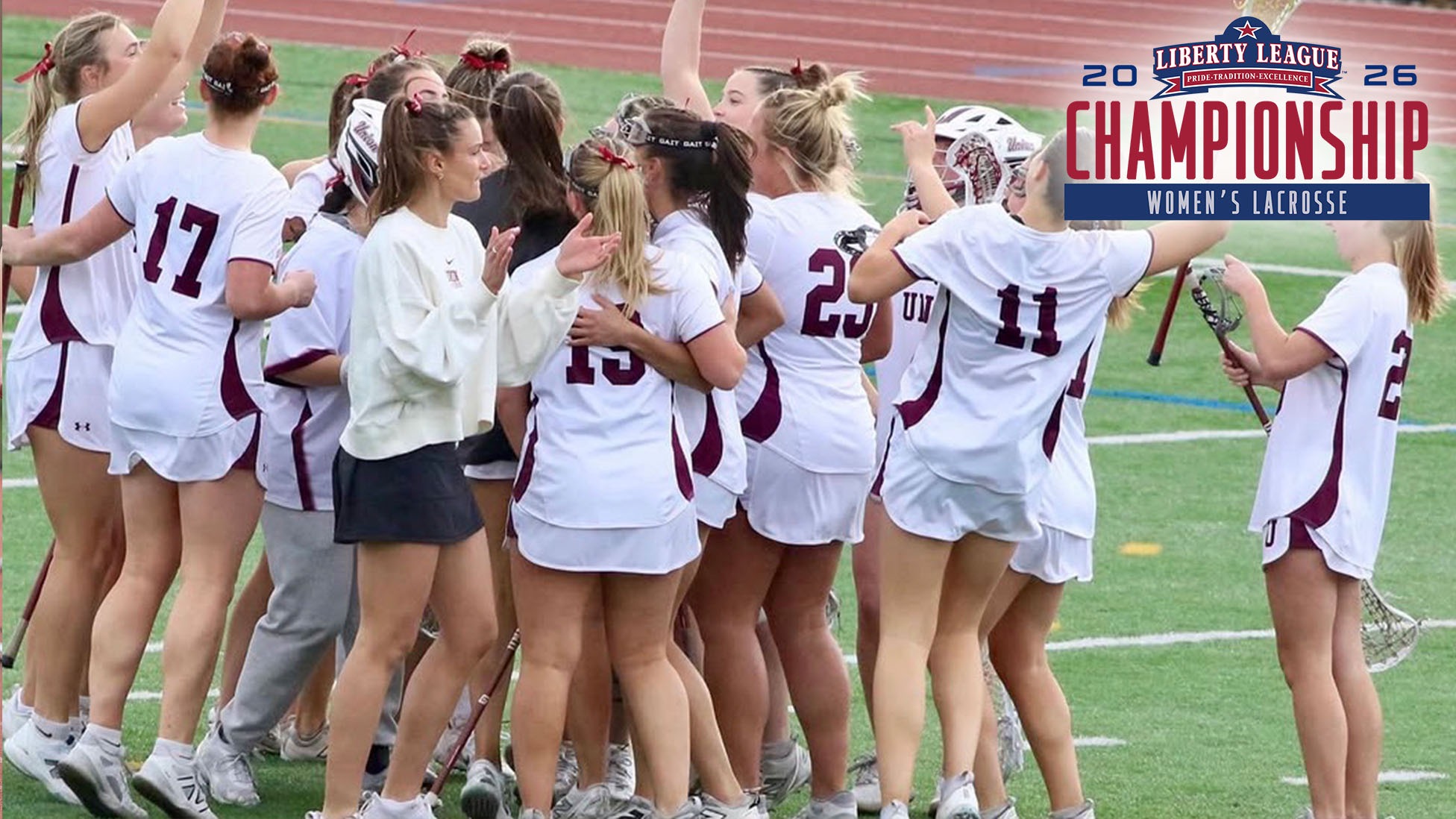Union women's lacrosse players celebrate after a win, with the Liberty League Championship logo in the corner.
