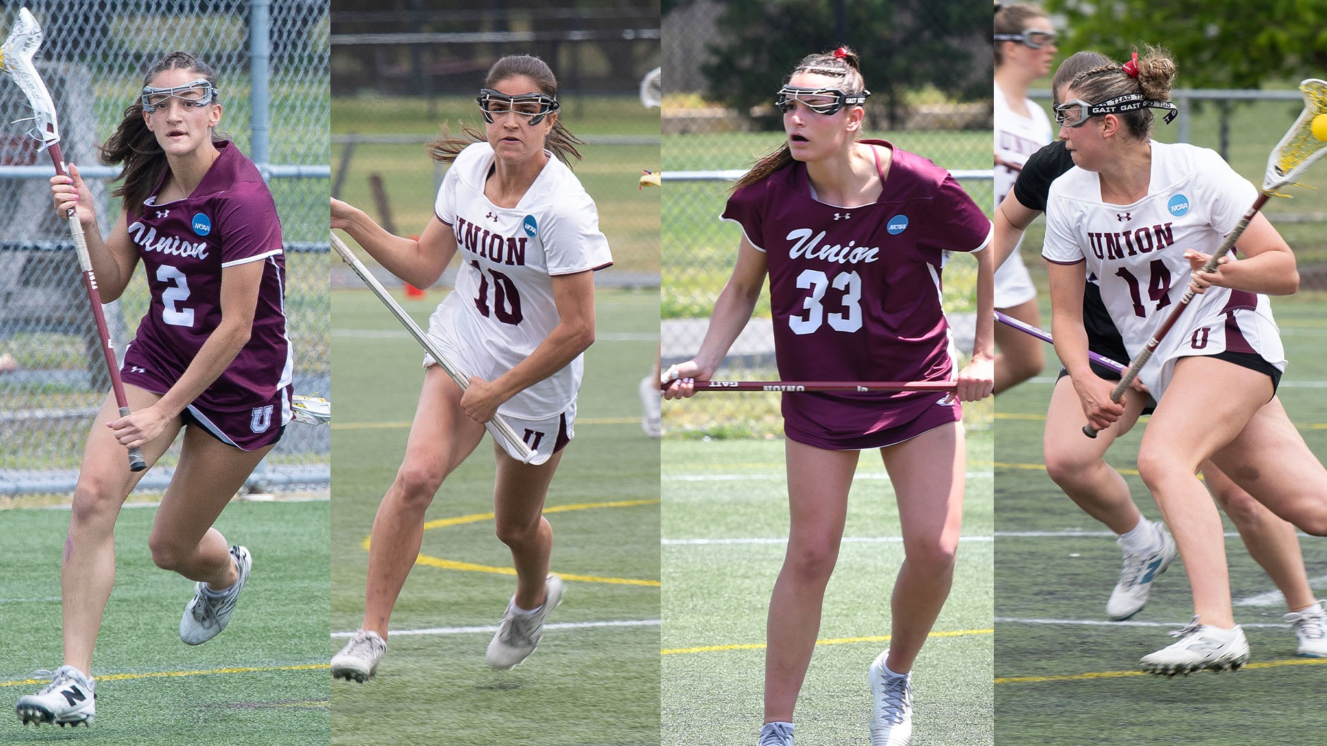 Photos of four lacrosse players playing in games.