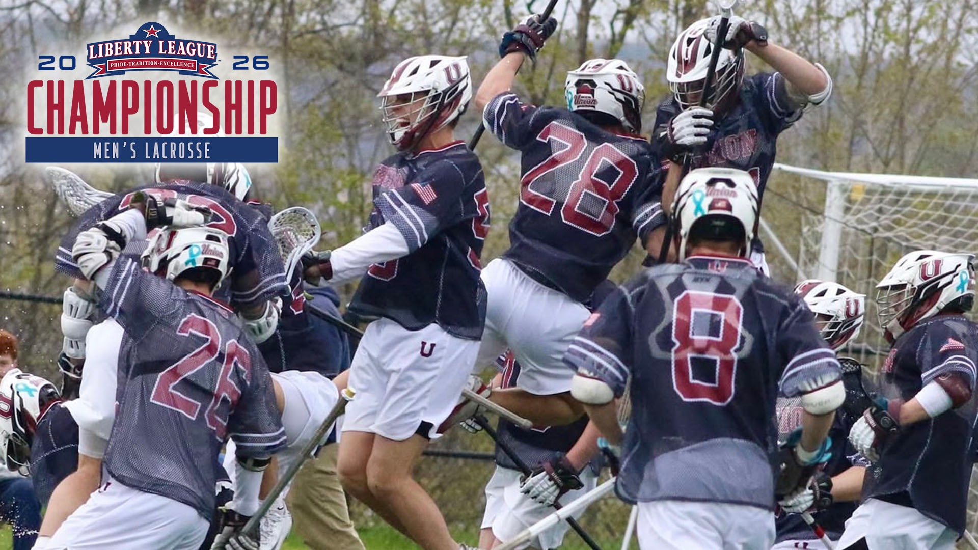 Lacrosse players jumping in the air to celebrate a victory, with a Liberty League MLAX Championship logo in the corner.
