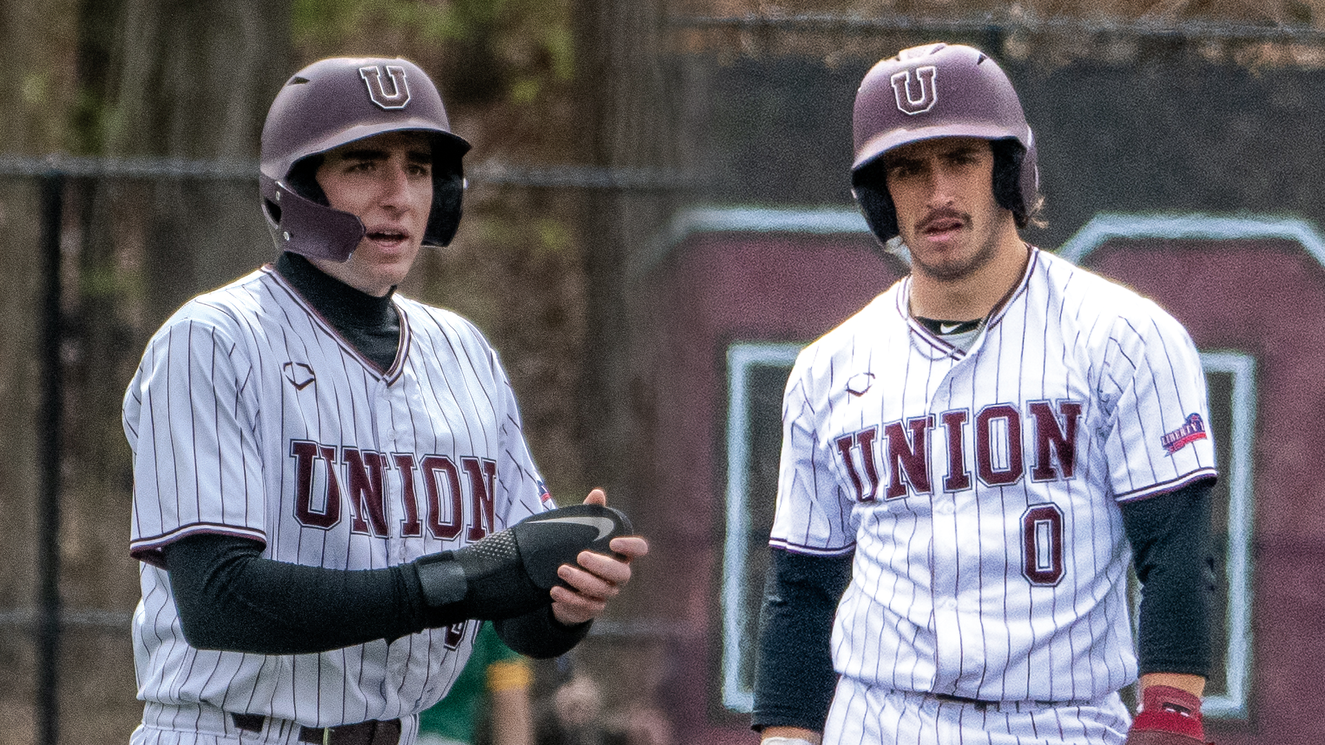 waist-up photos of two Union baseball players wearing white jerseys with 
