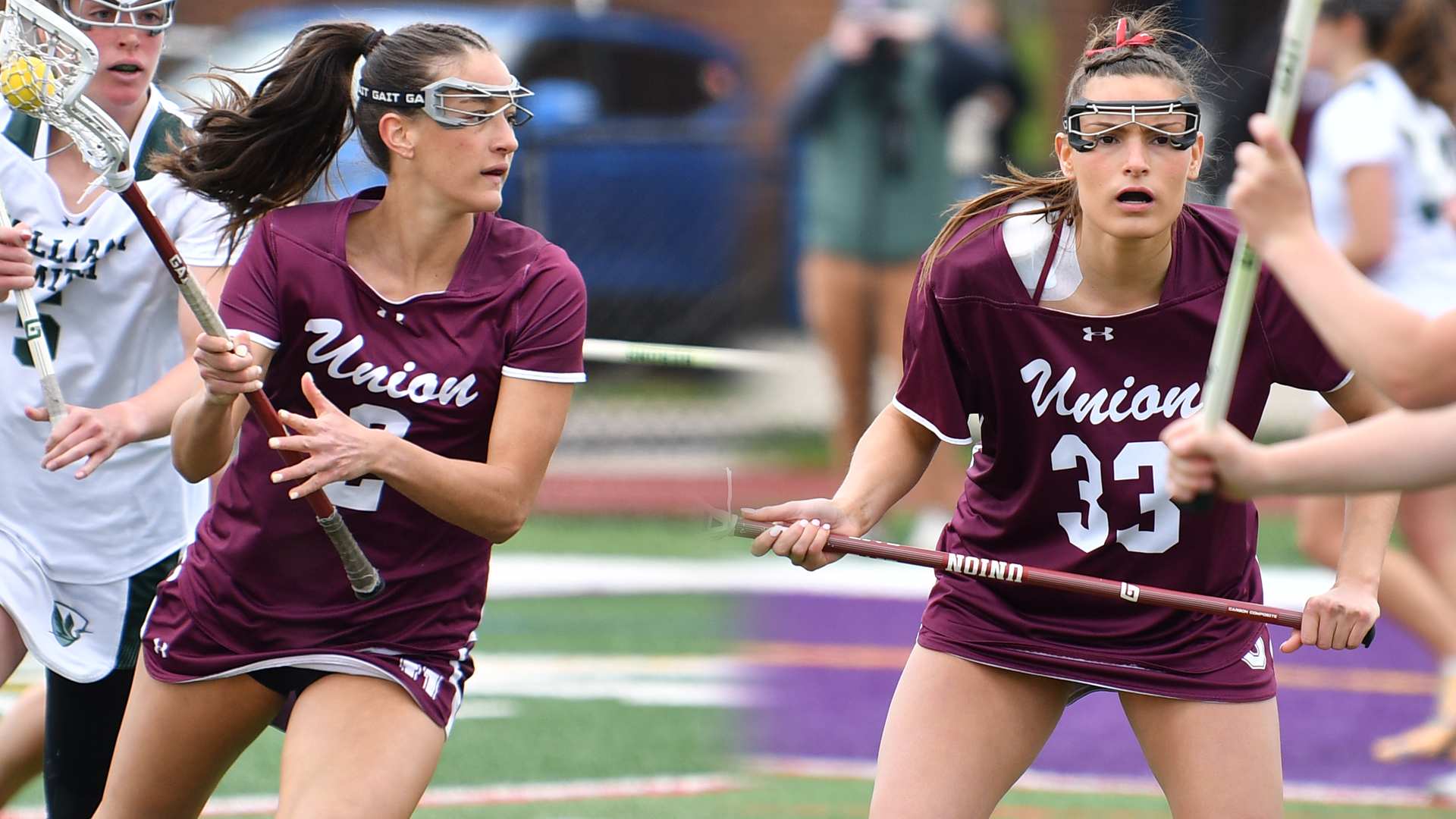 Two women's lacrosse players warning garnet jerseys with Union in script lettering across the chest.