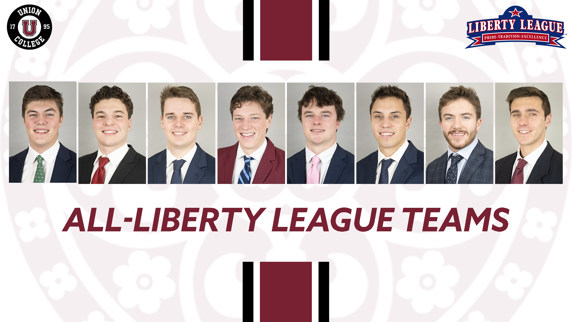 Headshots of Union's All-Conference selections: Jack Lucey, Nick Lynch, Emmett Lyne, Walker Popko, Garrett Salit, John Sula, Luke Tranter and Chris Weitzel