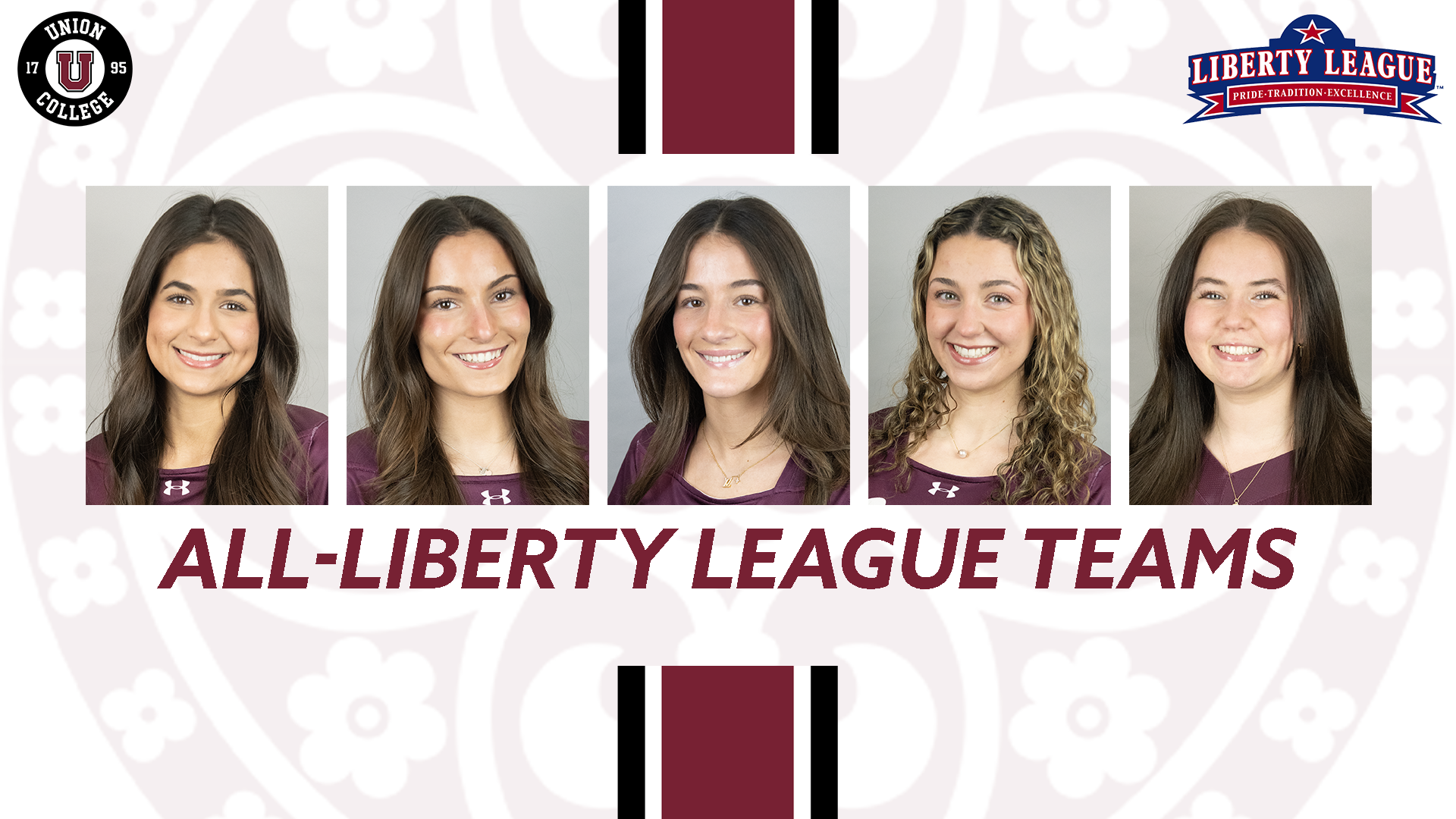 Headshots of Union's All-Conference selections: Hannah Compa, Anna Dembowski, Gillian Joseph, Maddy Schiller and Sydney Widlitz
