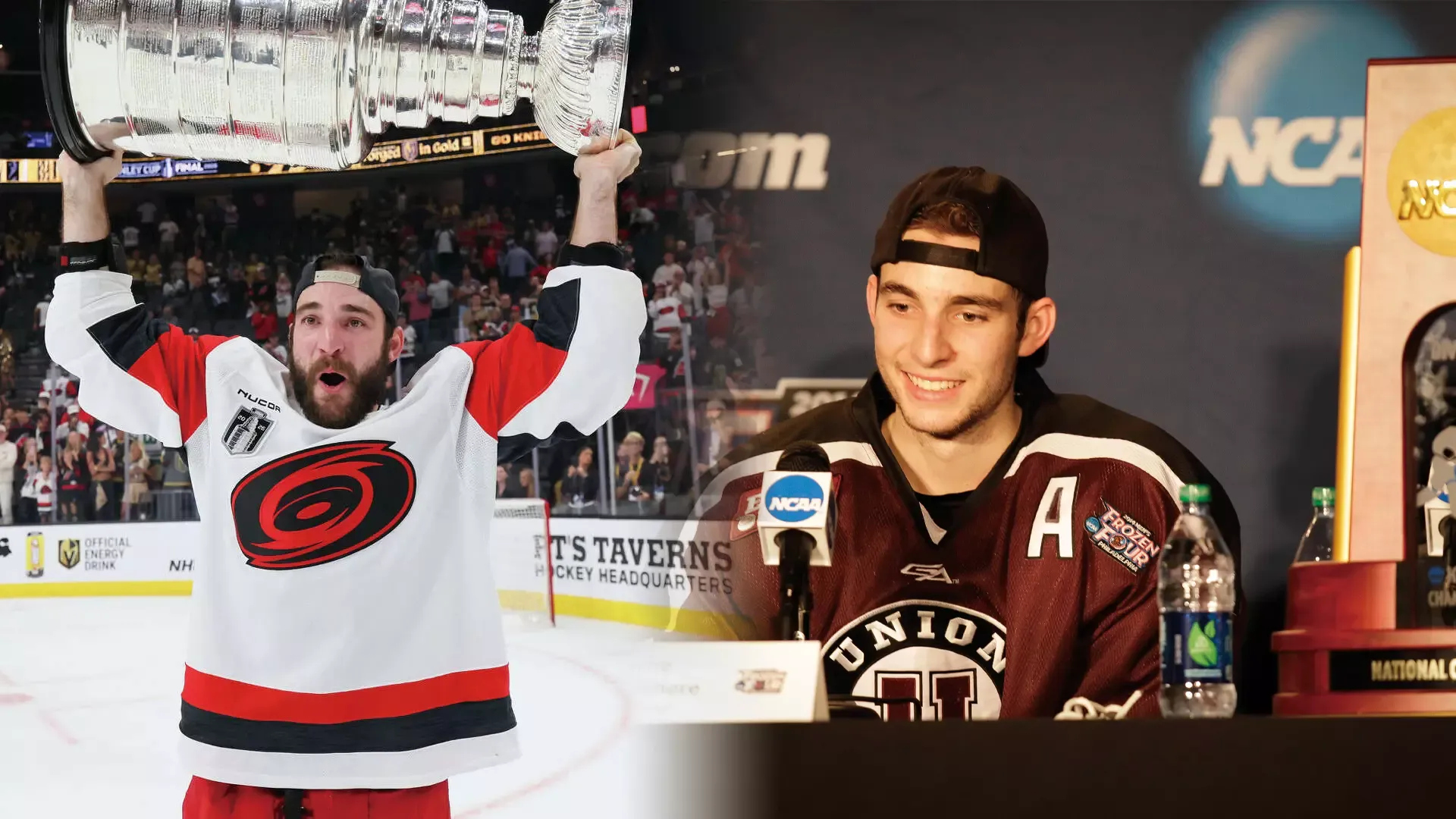 two photos of Shay Gostisbehere, one left he is holding up the Stanley Cup trophy and wearing a white Hurricanes jersey and on the right he is wearing a Union jersey and sitting next to the NCAA trophy