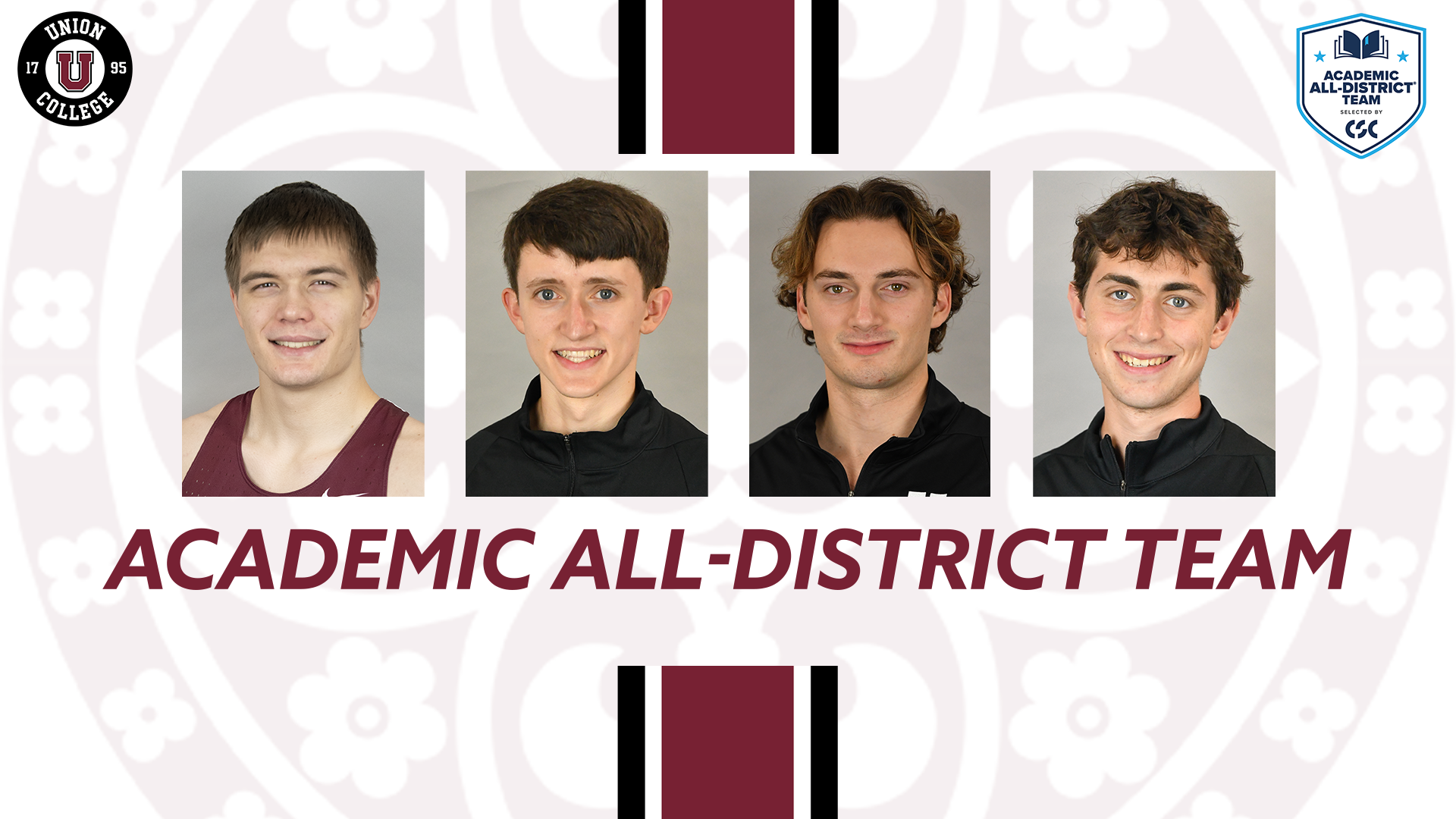 Headshots of four smiling male student-athletes with Union College and CSC Academic All-District logos in the corners