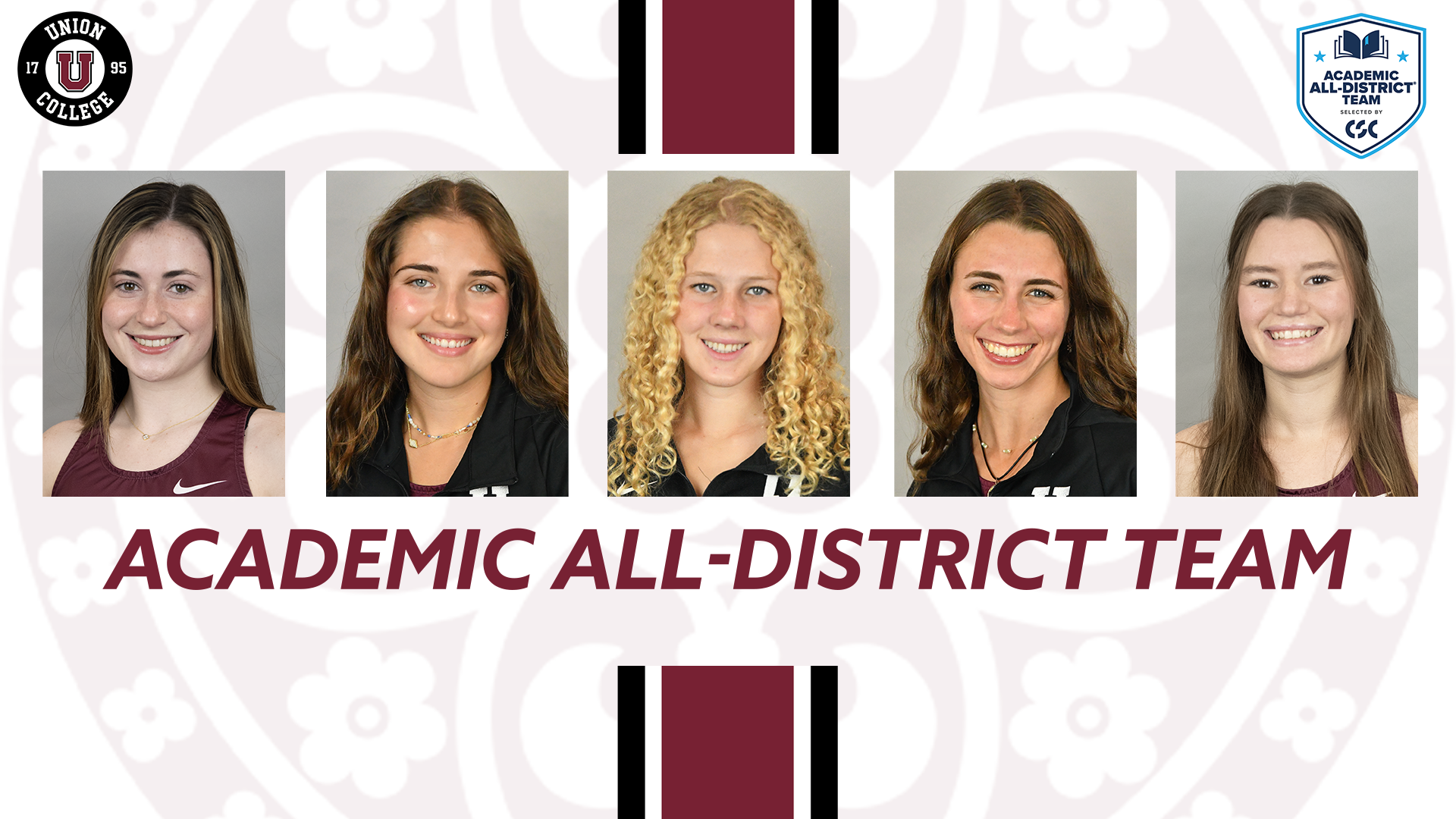 Headshots of five smiling female student-athletes with Union College and CSC Academic All-District logos in the corners