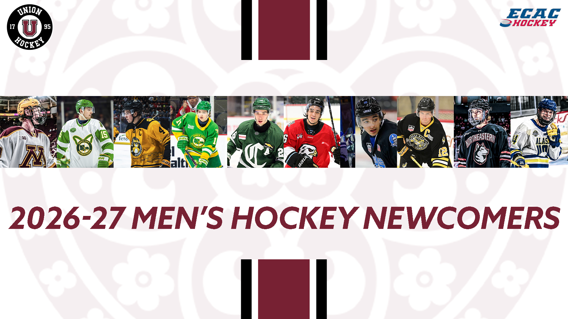 A graphic on a white background with 10 different players displayed and garnet text that reads 