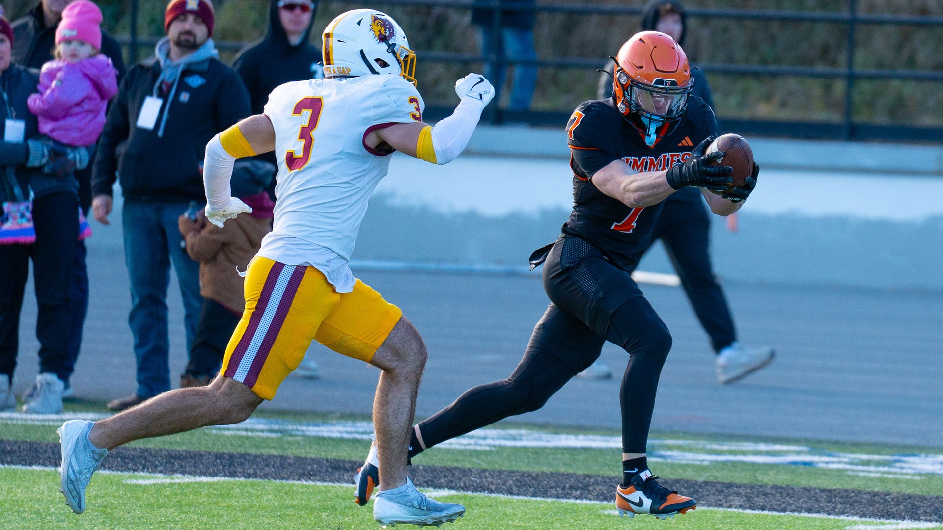 Ethan Hoffman reaches for the end zone against Northern State University on Saturday, November 15, 2025