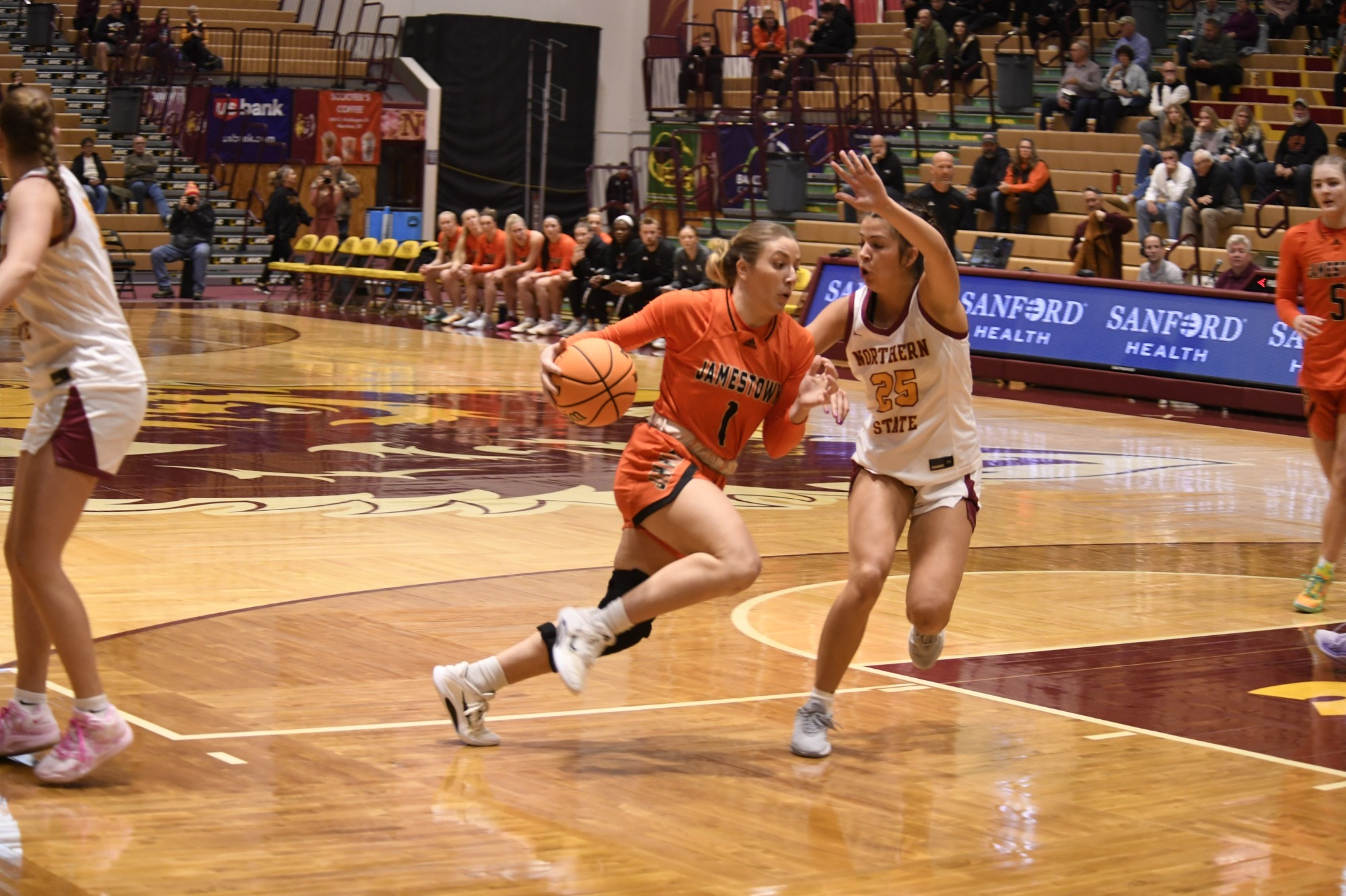 Daviney Dreckman drives to the hoop against Northern State on November 26, 2025