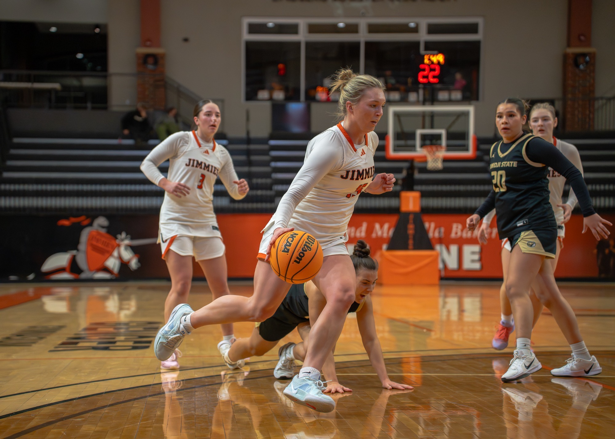 Jamestown's Halle Crockett drives to the hoop against Bemidji State on December 11, 2025 at Harold Newman Arena