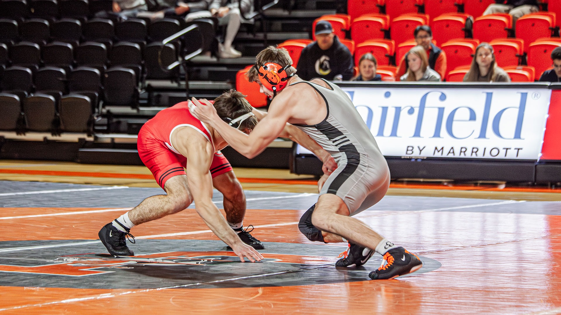 UJ's Ethan Holstein takes on Jeroen Smith of St. Cloud State in the 149 pound match of Friday's dual at Harold Newman Arena
