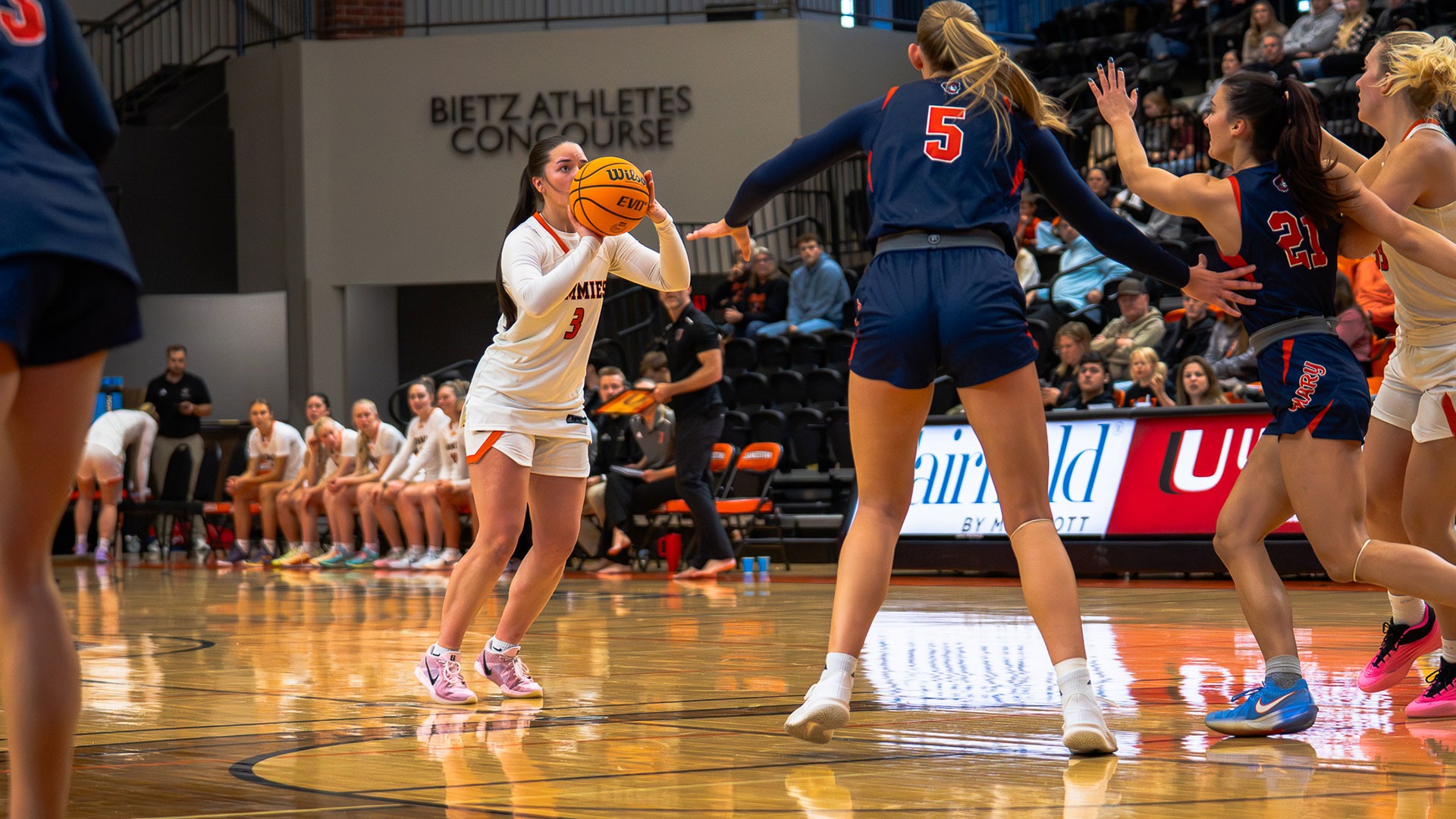 UJ's Hali Savela attempts a three-pointer against UMary on Saturday, December 6, 2025 at Harold Newman Arena