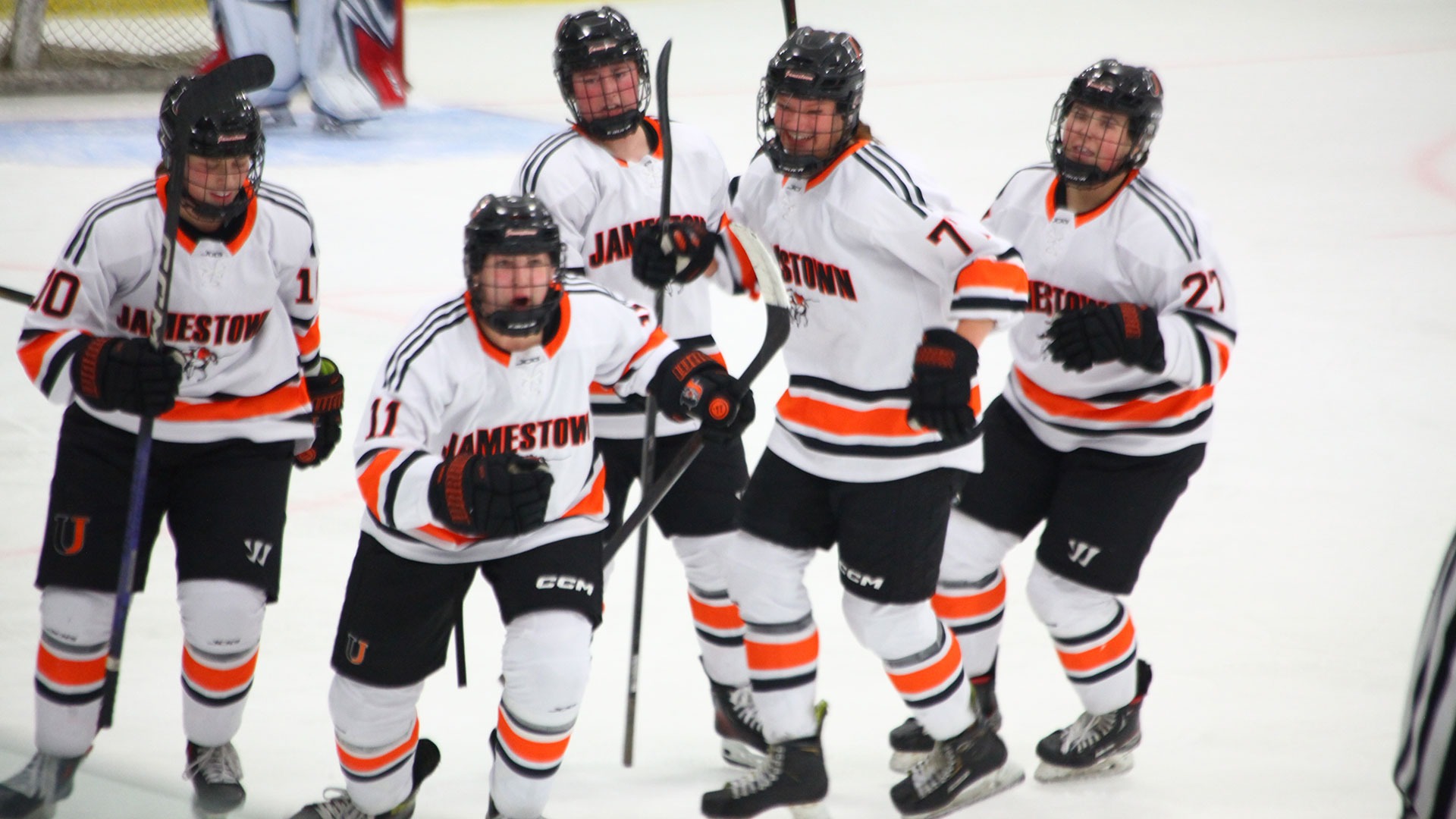 A group of Jimmie women's hockey players celebrate after a goal earlier this season at Wilson Arena