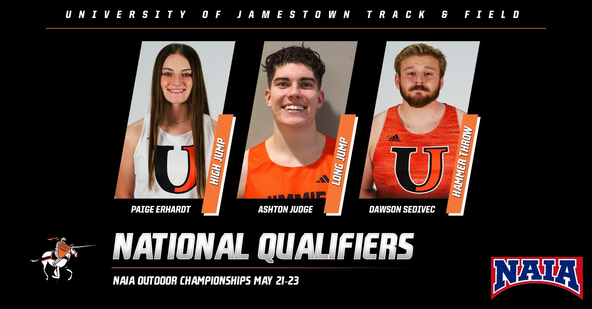 Paige Erhardt, Ashton Judge, and Dawson Sedivec represent UJ at the 2025 NAIA National Outdoor Meet