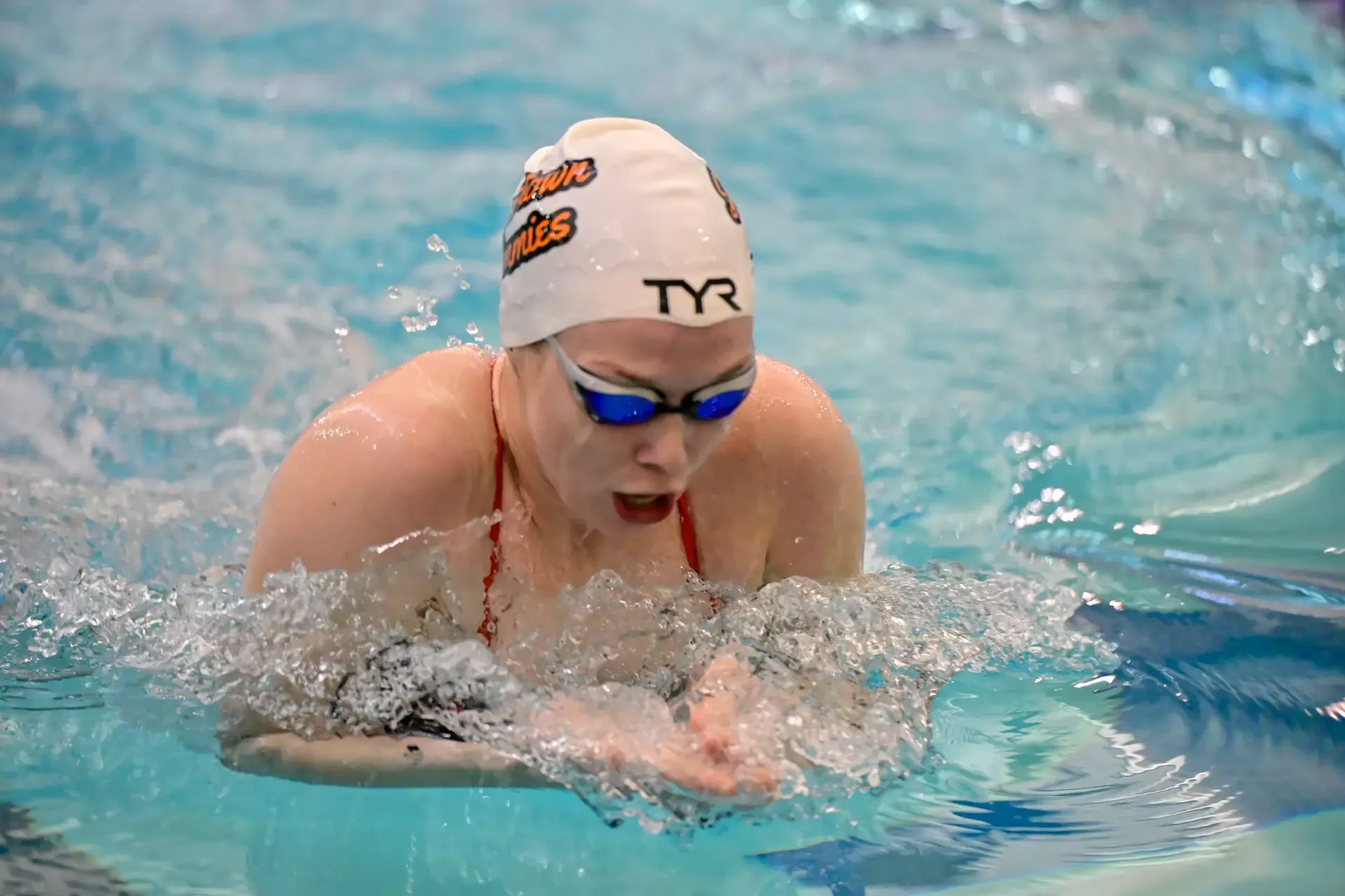 A swimmer breaks water in the breaststroke in their dual meet against UMary in Bismarck, N.D on January 11, 2026