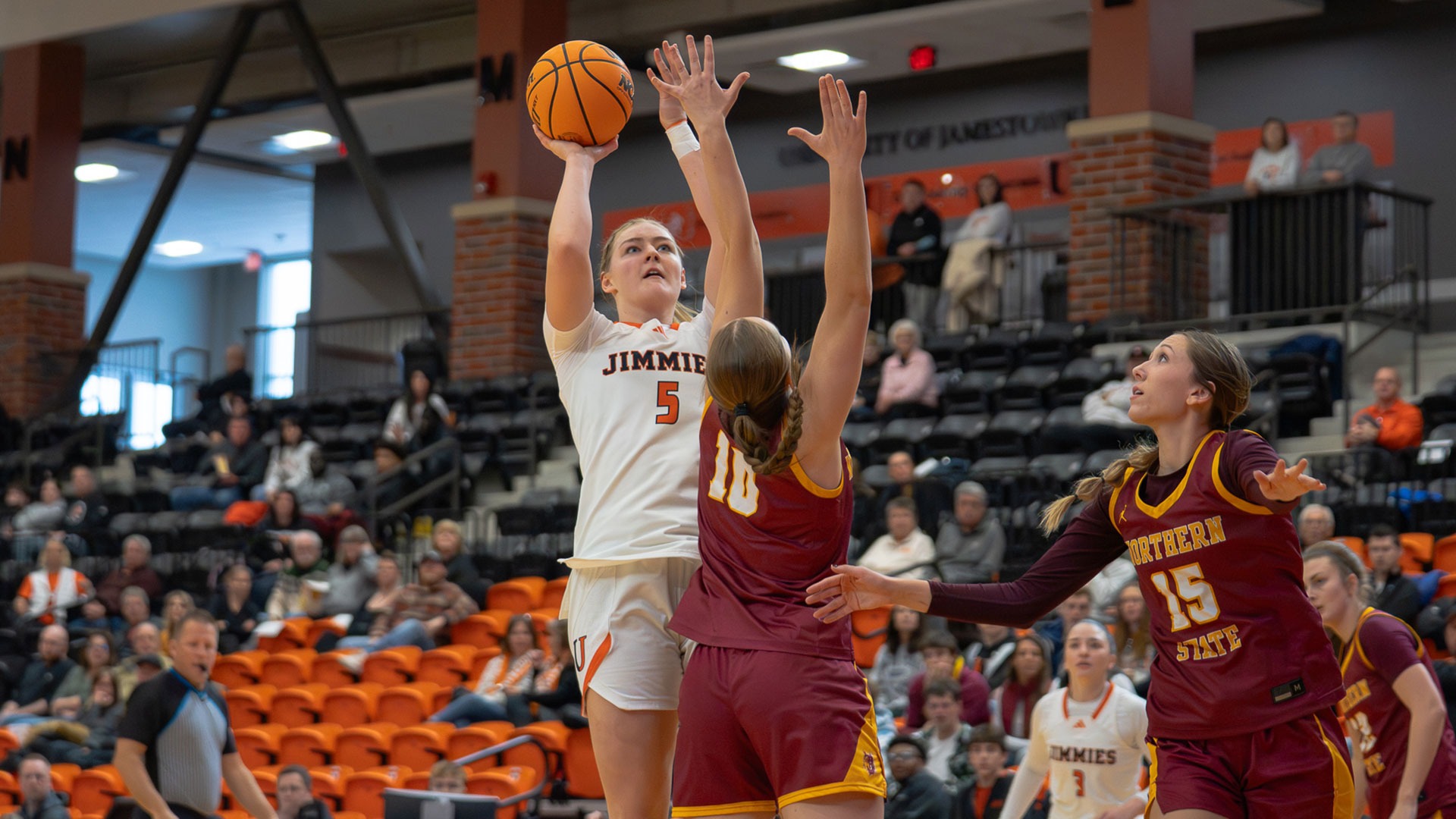 UJ's Allie Berns puts up a shot over NSU's Lily Klein at Harold Newman Arena on January 3, 2026