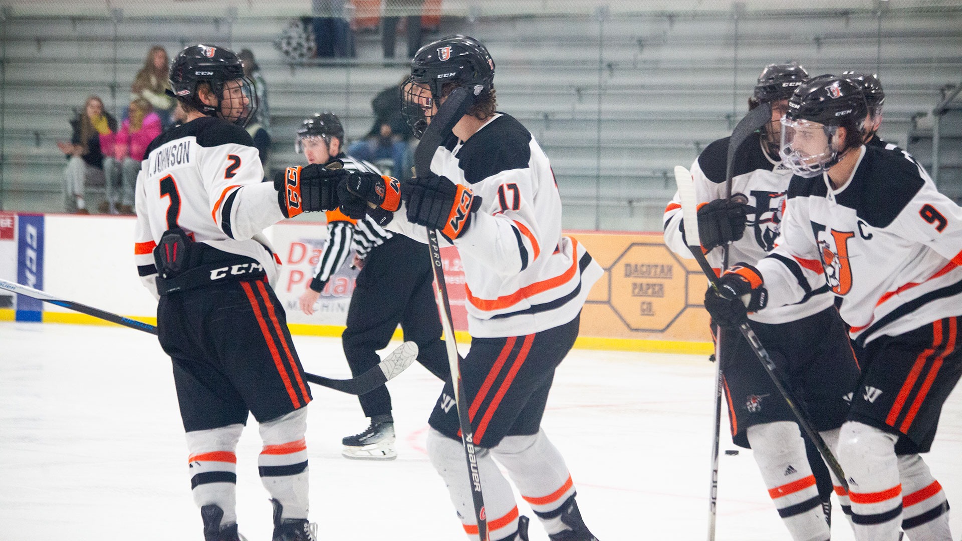 Darius Makse (17) is congratulated by teammates after scoring against NC State on January 5, 2026