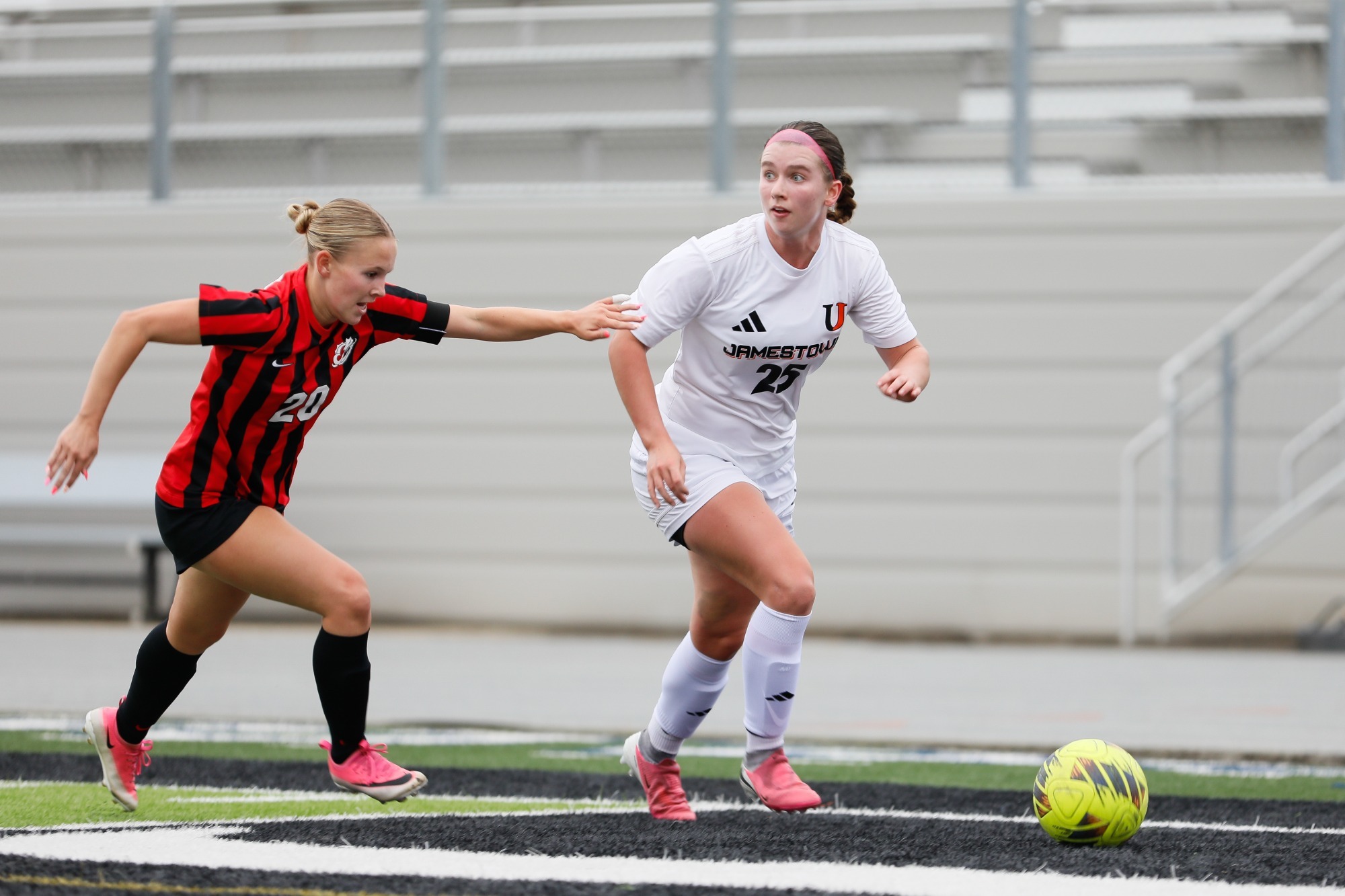 Jamestown women's soccer assist leader, Bre Oettle, looks up the field against MSU Moorhead (9/25) 