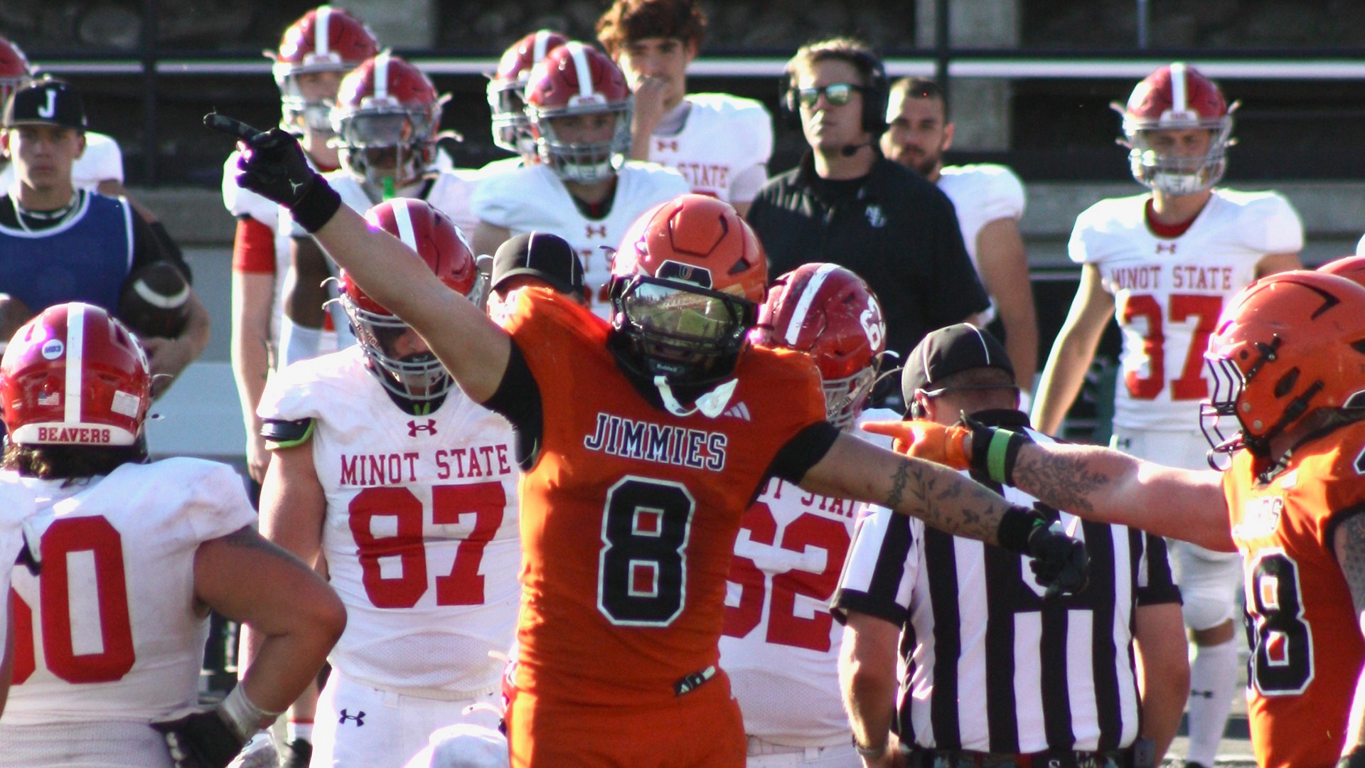 Zach Mueller reacts after a fumble recovery against Minot State on October 10, 2026