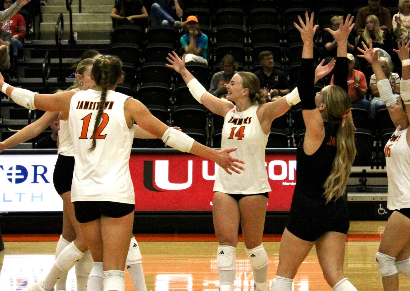 The Jimmies celebrate following a point against MSU Moorhead 