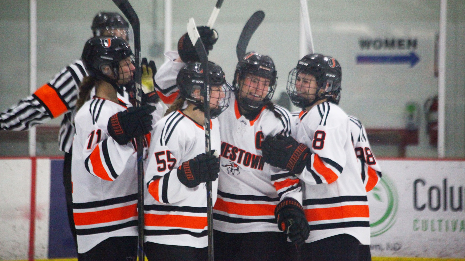 A group of Jimmie women's hockey players celebrate after a goal earlier this season at John L. Wilson Arena