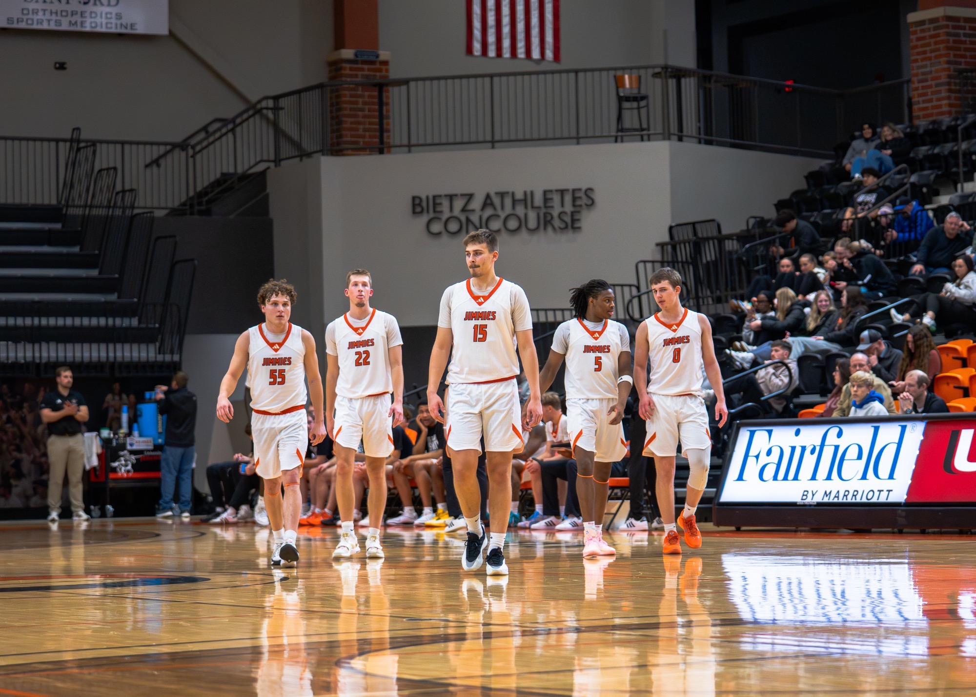 Left to right: #55 Henry Meyer, #22 Owen Hektner,#15 Carson Woodford, #5 Ford Okehi, #0 Zeke Austin: walk onto the court after timeout in the Harold Newman Arena 