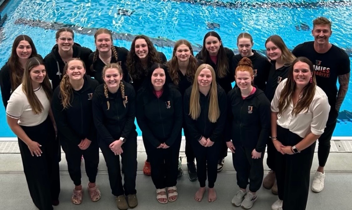 A group Picture of the women’s swim and dive team at the NSIC Championship on the last day of competition in the Hulbert Aquatic Center is West Fargo, N.D