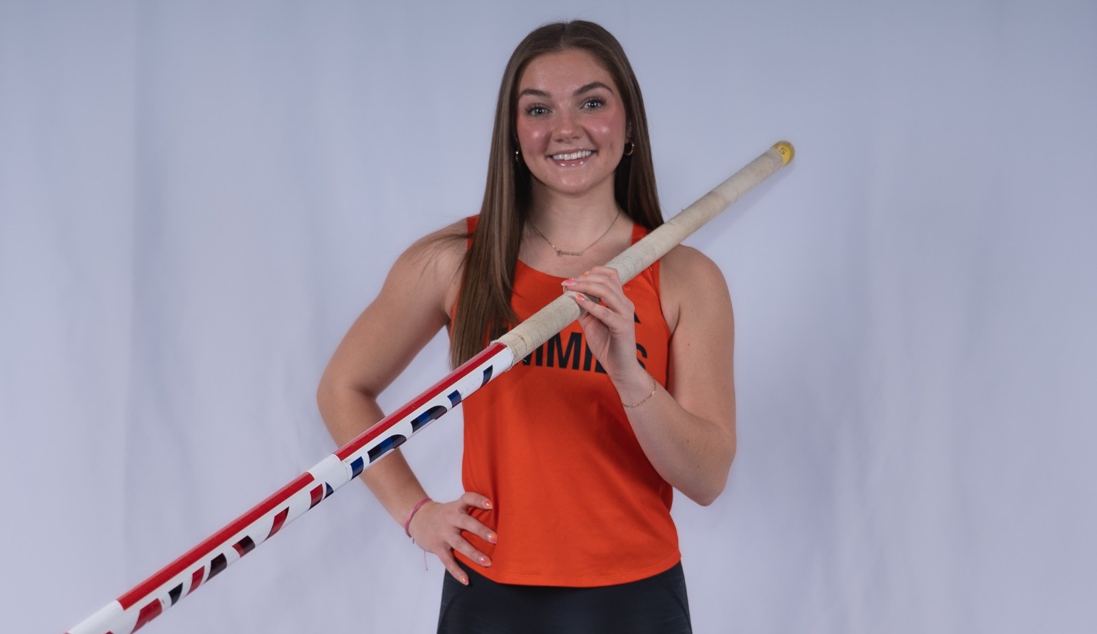 Quinn Bassingthwaite pictured during media day with her pole vault equipment