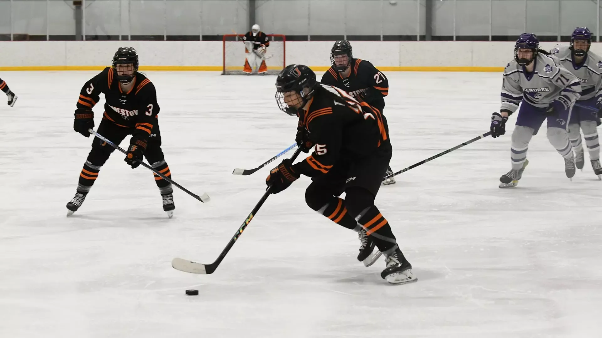 UJ's Alivia Tilbury handles the puck against McKendree University on February 19, 2026