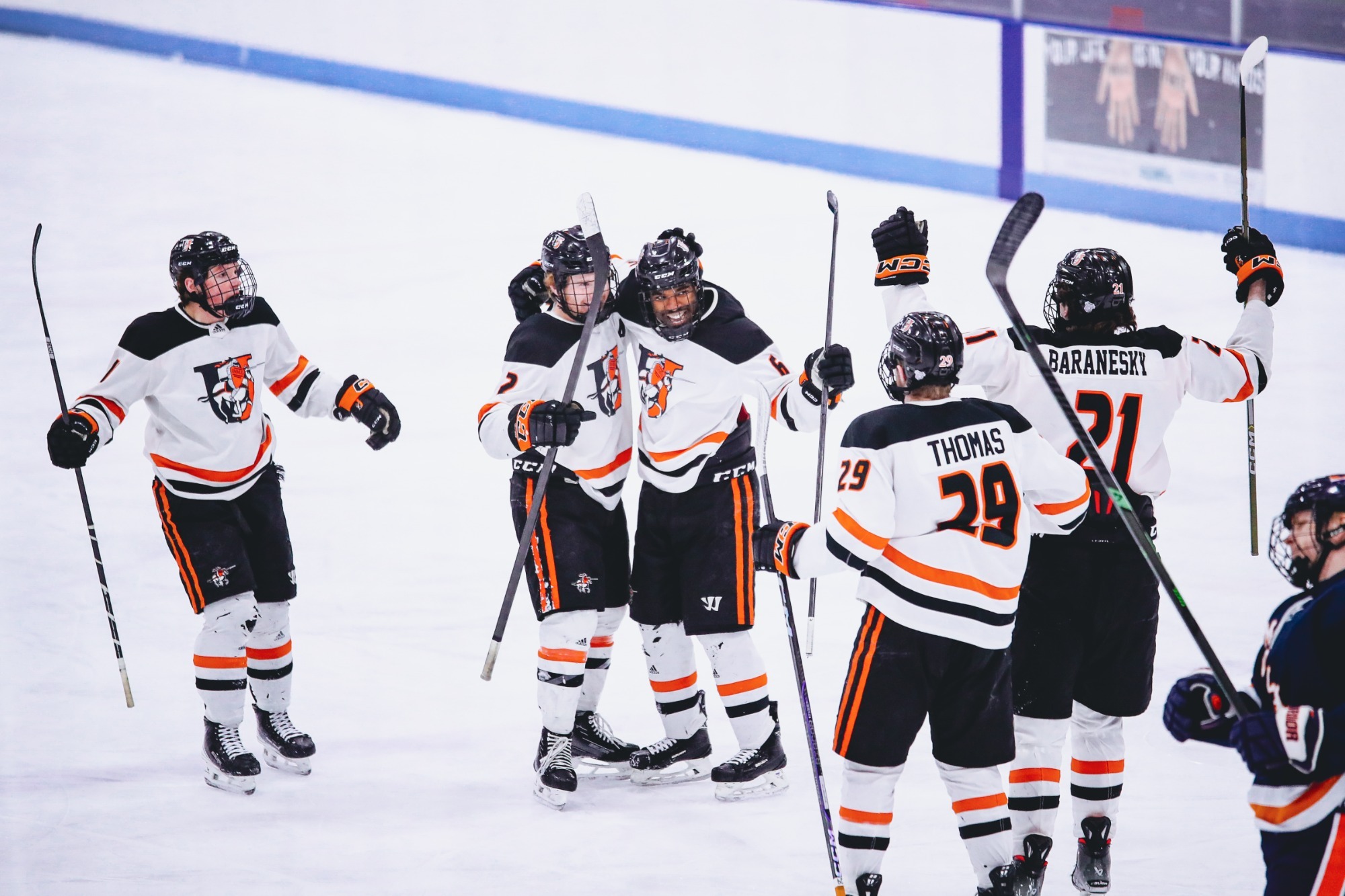 ALBERT LEA, MINNESOTA - FEBRUARY 20: Malachi Franklin #6 of the Jamestown Jimmies celebrates a goal during the first period in a ACHA D1 Ice Hockey game between the Midland University Warriors and the University of Jamestown Jimmies at Albert Lea City Arena on Friday, Feb. 20, 2026.    (Photo by Tyler Clouse/TWC Photography)