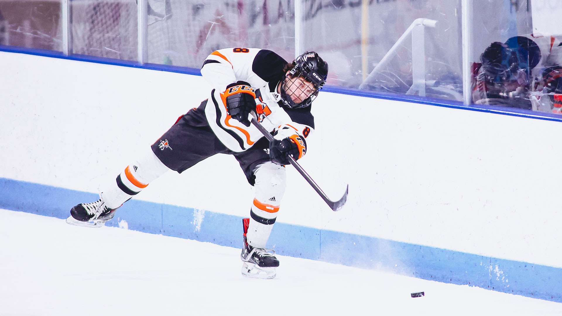 ALBERT LEA, MINNESOTA - FEBRUARY 20: Griffin Bourassa #8 of the Jamestown Jimmies during the first period in a ACHA D1 Ice Hockey game between the Midland University Warriors and the University of Jamestown Jimmies at Albert Lea City Arena on Friday, Feb. 20, 2026.    (Photo by Tyler Clouse/TWC Photography)