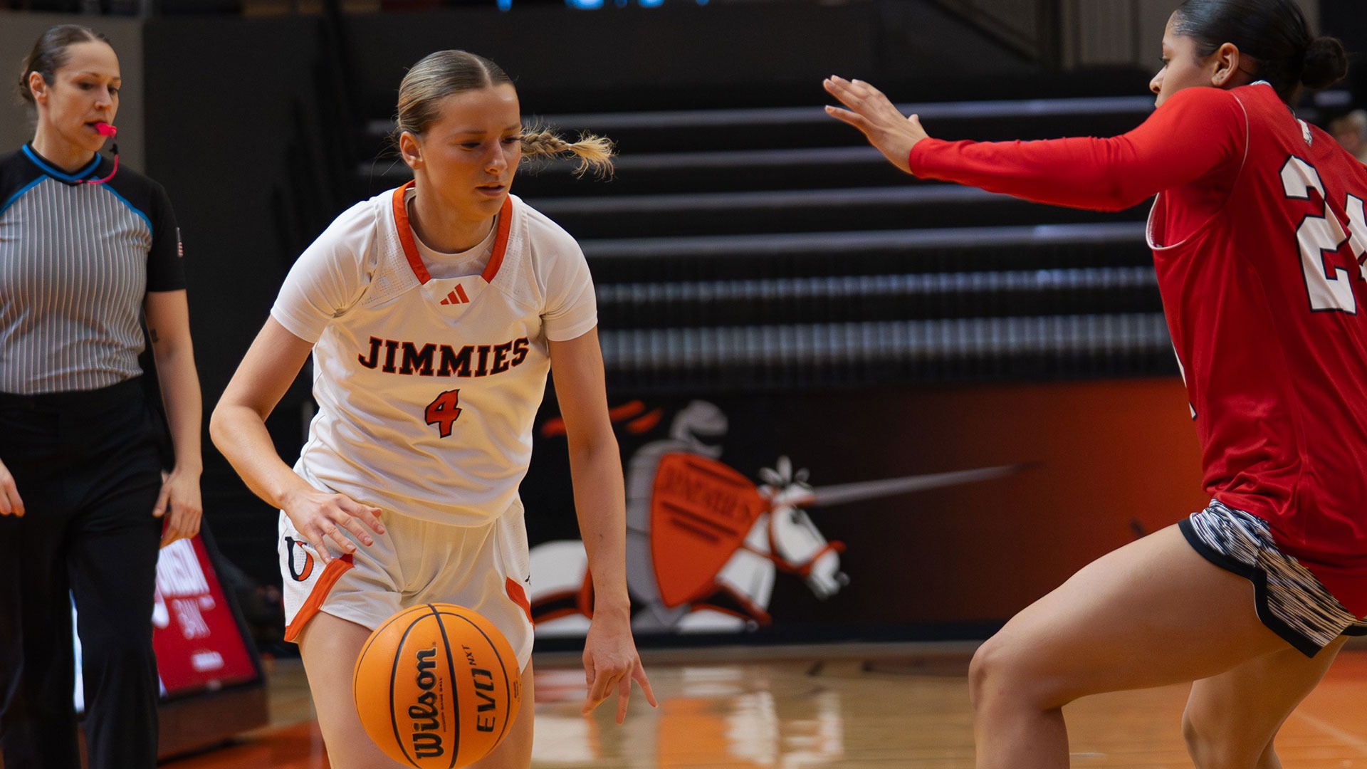 UJ's Emily Kurkowski dribbles against Minot State on Thursday, February 19, 2026