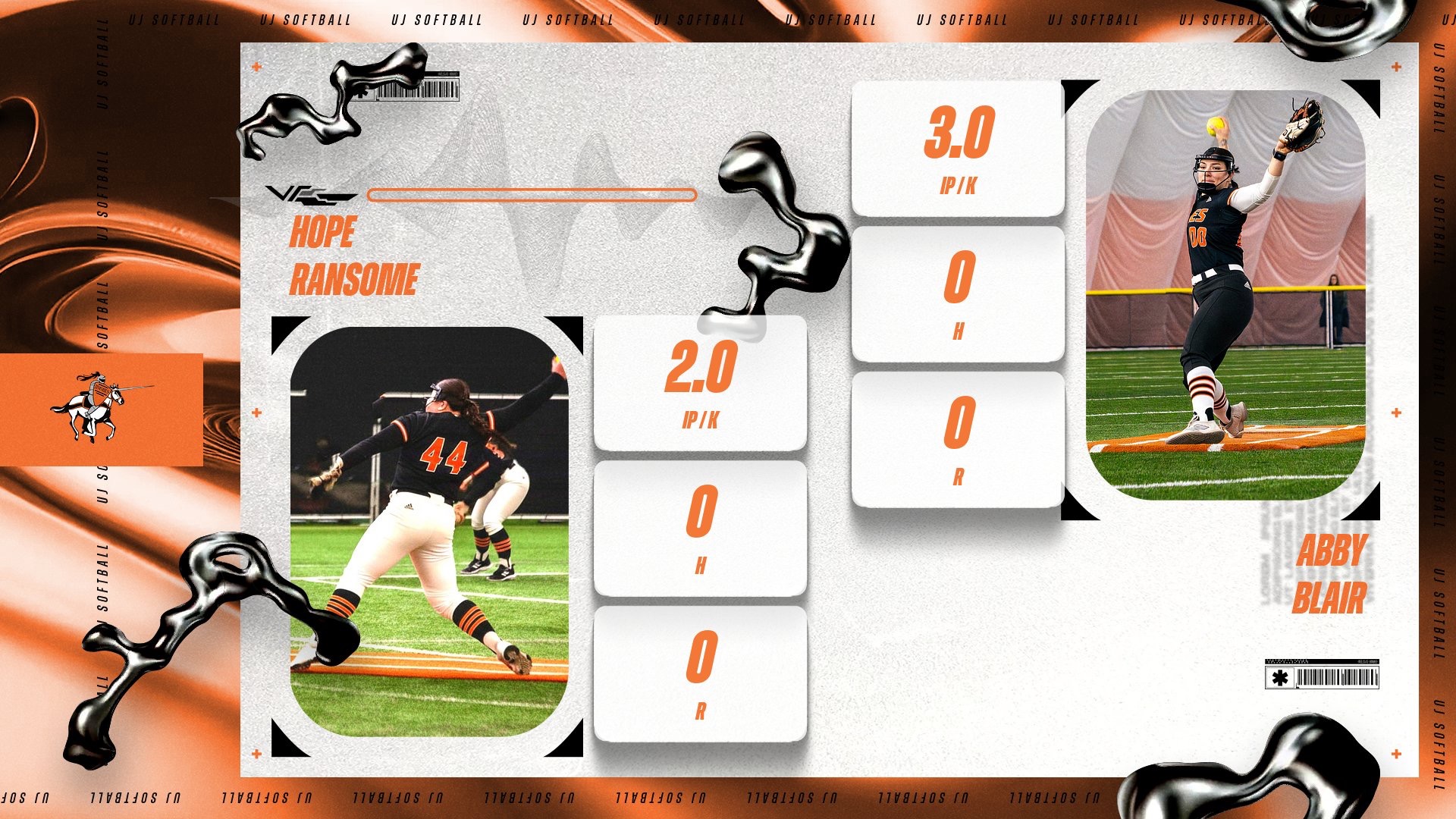 UJ #44 Hope Ransome and #00 Abby Blair pitching with their stats beside them of 2K and 3k, 0 runs, 0 hits
