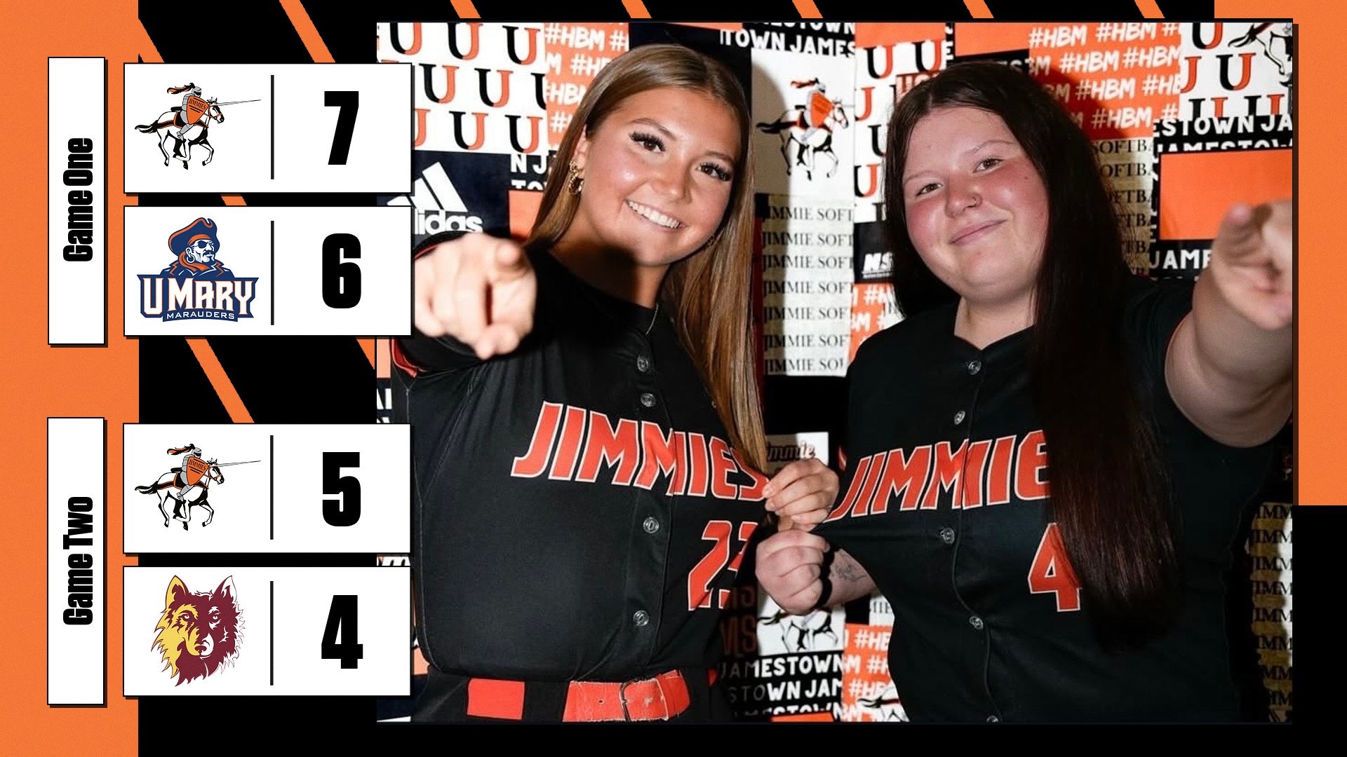 #23 Jorja Hainsworth and #44 Hope Ransom pose for picture with 7-6 and 5-4 wins against UMary and Northern St. 