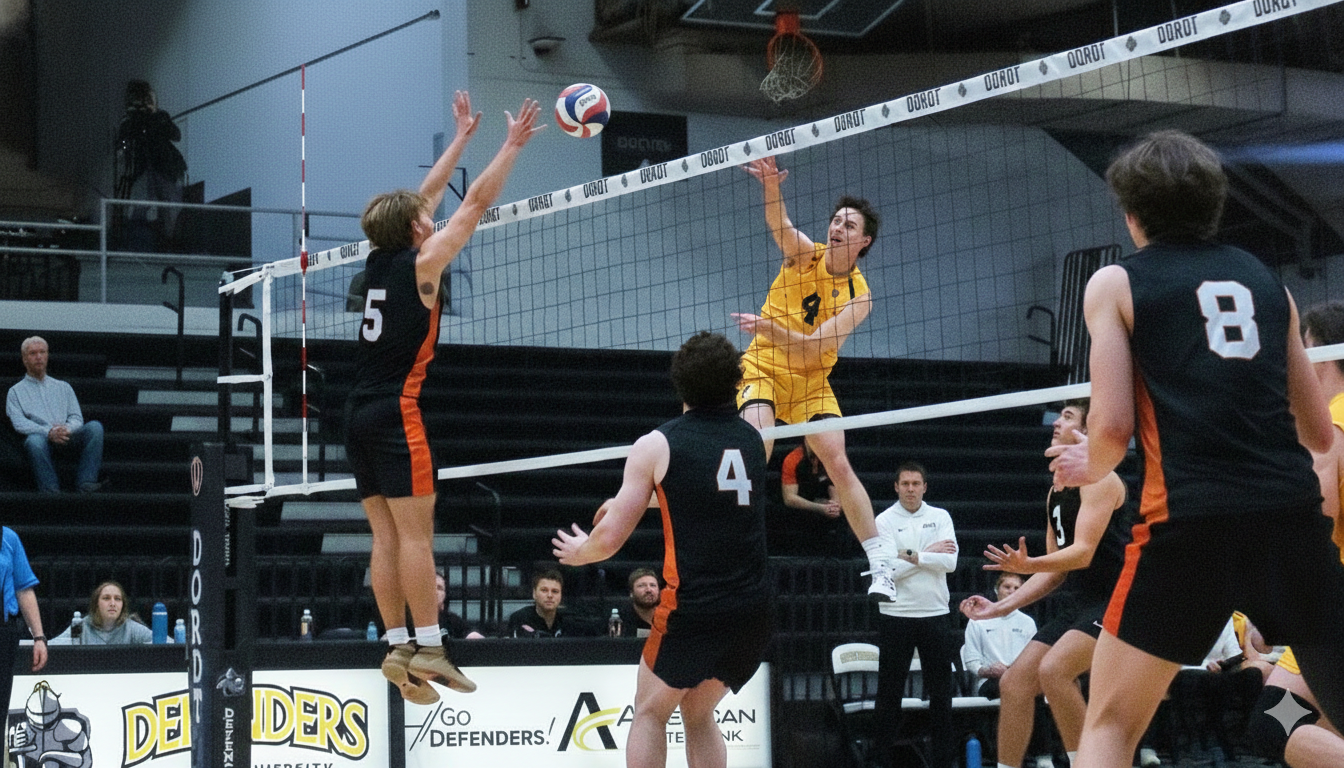 #15 Ethan Carroll (UJ) blocking an opposing player on the net