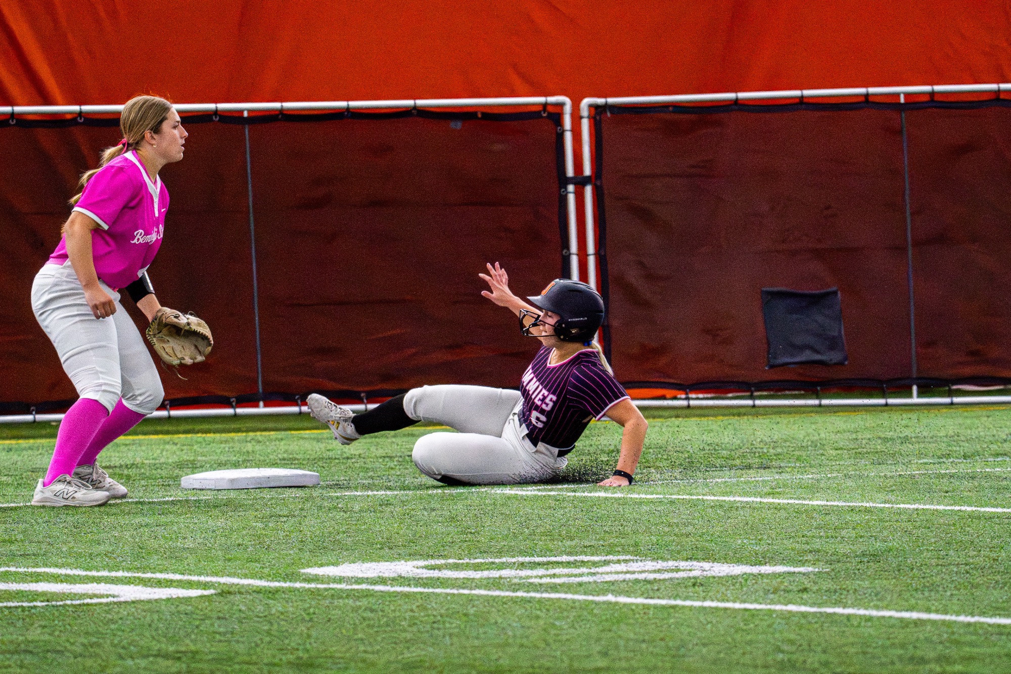#6 Trinity Gregg slides into third base after hitting a triple in the Nelson Family Bubble April 11, 2026 against Bemidiji State Univeristy 