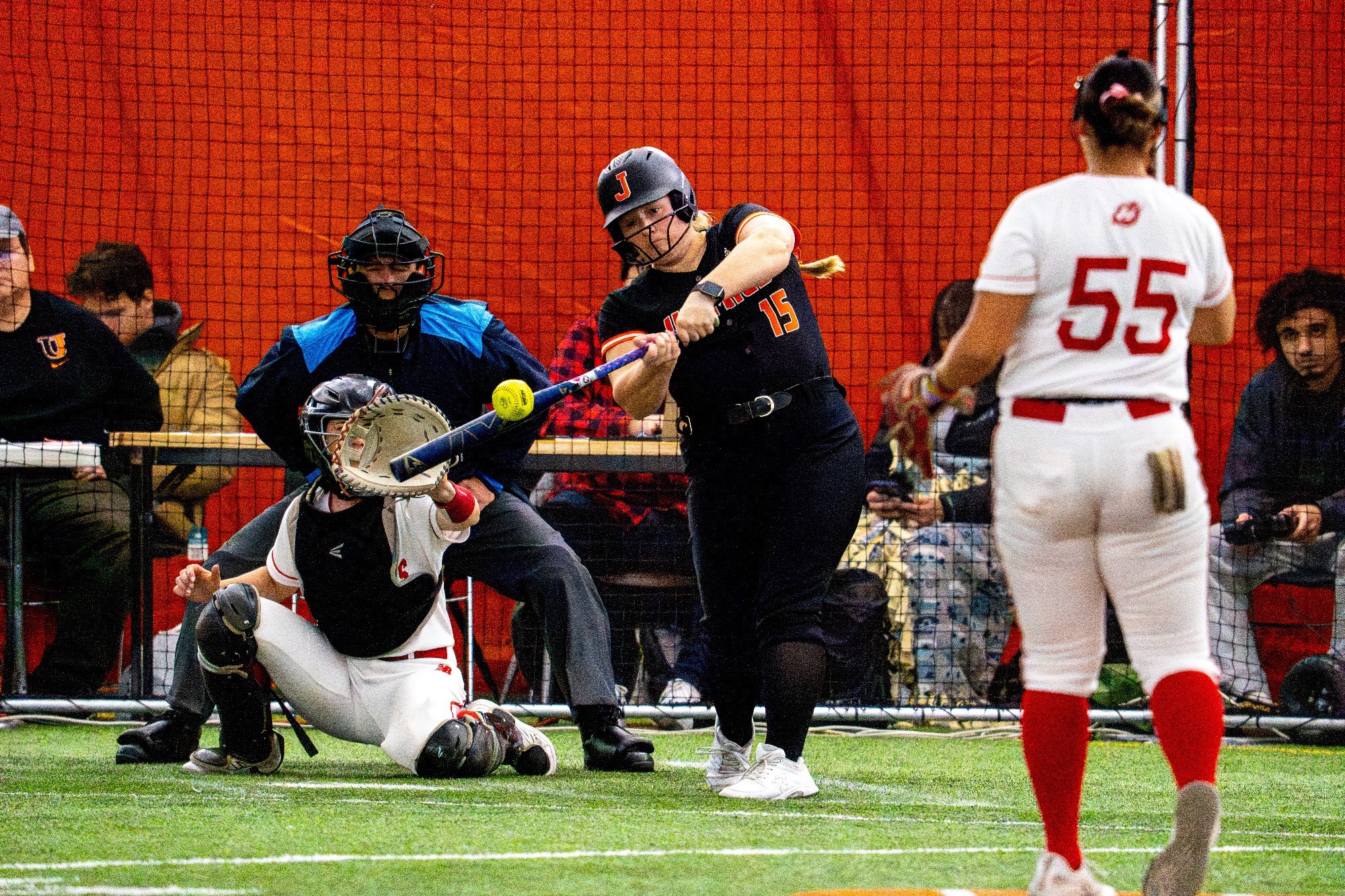 Jamestown #15 Sydney Grendler makes contact with the ball at her at bat against Moorehead pitcher #55 Alyssa Ochoa in the Nelson Family Bubble April 3, 2026