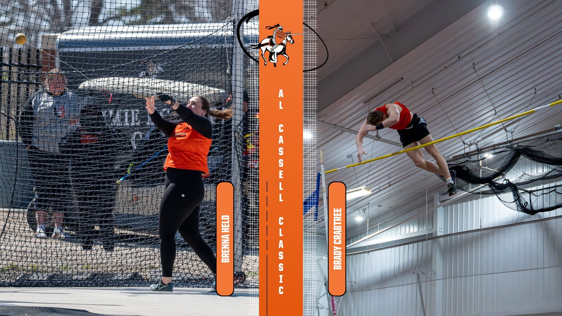 Brenna Held performing hammer throw and Brady Crabtree clearing a new personal best in pole vault