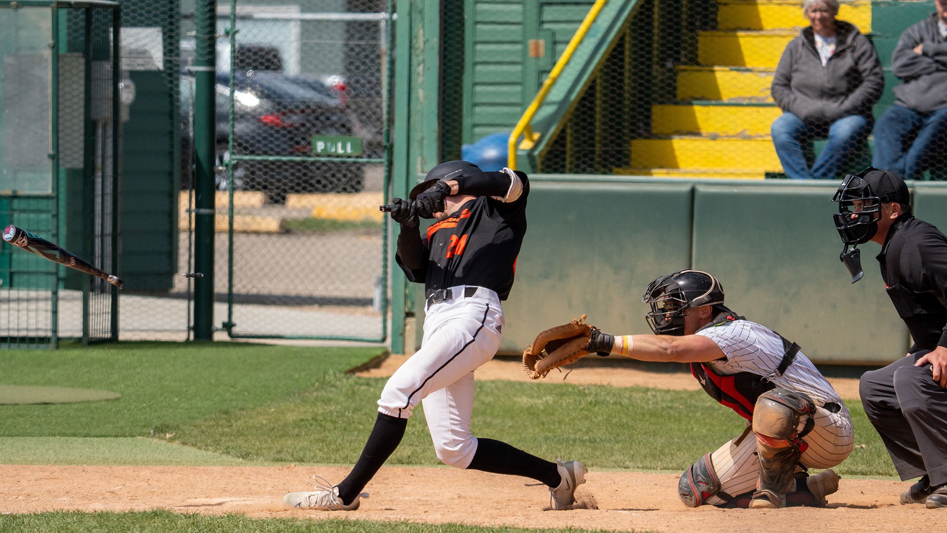 UJ's Langdyn Cummins breaks his bat on a swing in Sunday's game at Jack Brown Stadium